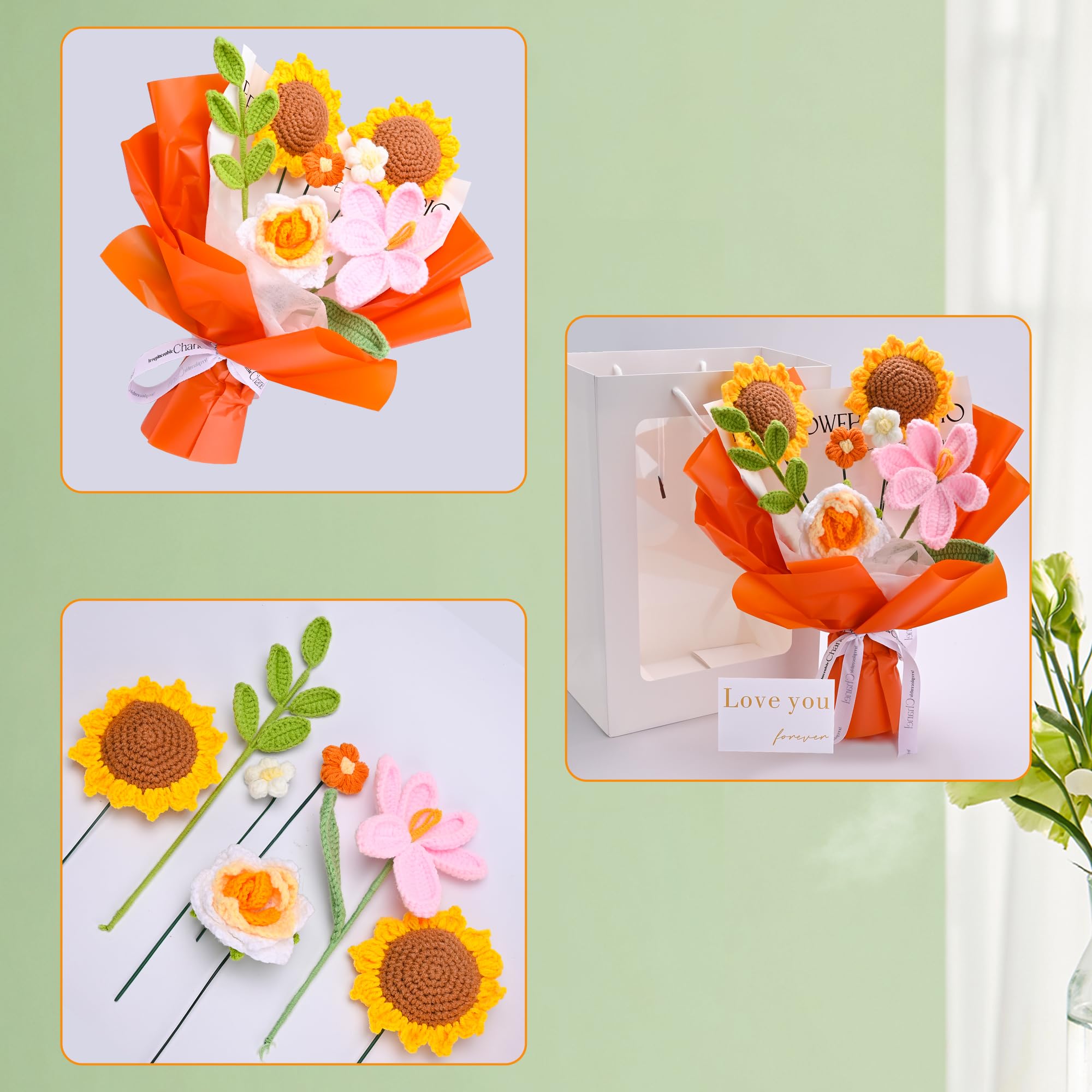 Handmade Crochet Flower Bouquet Gift Set - 7Pcs Tulips, Sunflowers & Roses Floral Arrangement for Women, Mom, Wife - Perfect for Anniversary, Graduation, Wedding Decor - Home & Office Decoration (Orange)