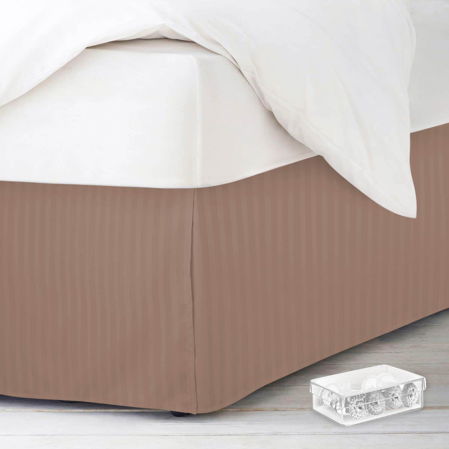 Premium Twin Bed Skirt - Damask Dobby Stripe Wrap Around Design - 14 Inch Tailored Drop Pleated Ruffle with Pins - Double Brushed Microfiber in Taupe - Perfect for Guest Rooms, Dorm Decor & Bedroom Makeovers
