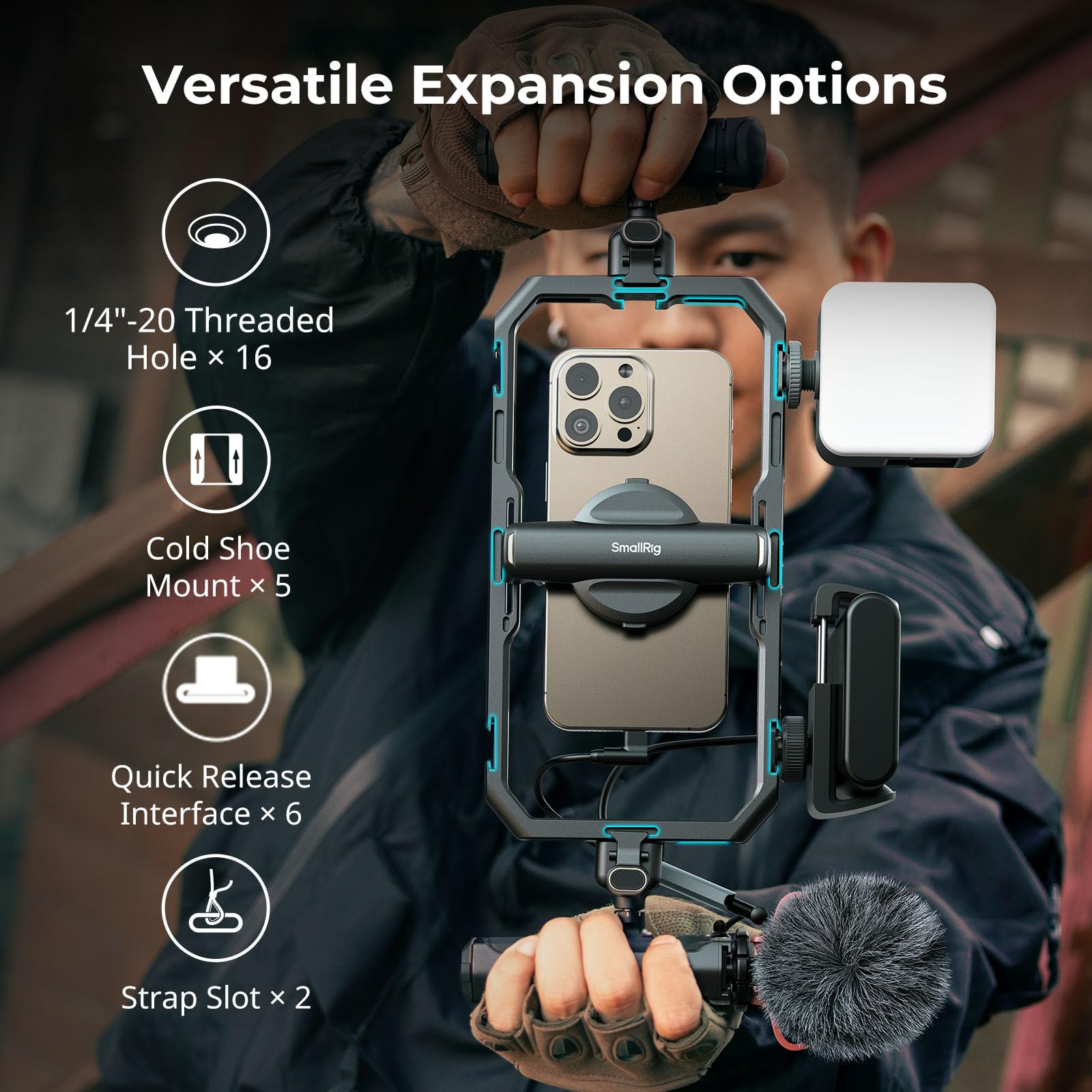SmallRig Universal Quick Release Phone Video Rig Kit Pro - Phone Stabilizer with LED Light, Microphone, QR Tripod, Dual Handles & Power Bank Holder for Content Creators, Live Streaming, Vlogging & YouTube Videos (Model 4704)