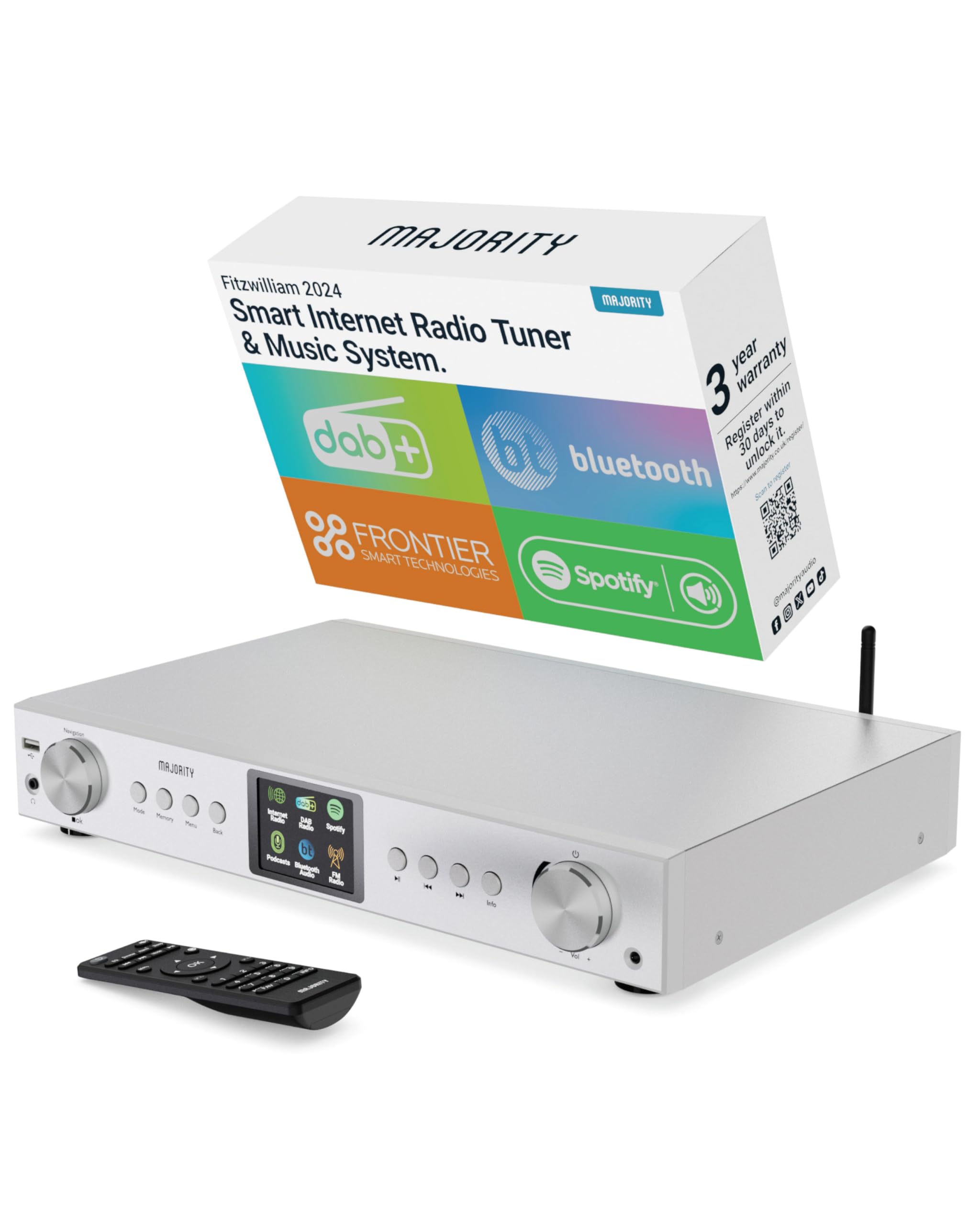 Majority Fitzwilliam 2024 Silver Bluetooth Internet Radio with DAB+/FM/Digital Tuner - HiFi Audio System with Spotify Connect, 90+ Presets, Color LED Display, USB/AUX/RCA Inputs & Remote Control - Perfect for Home, Office, and Kitchen Use