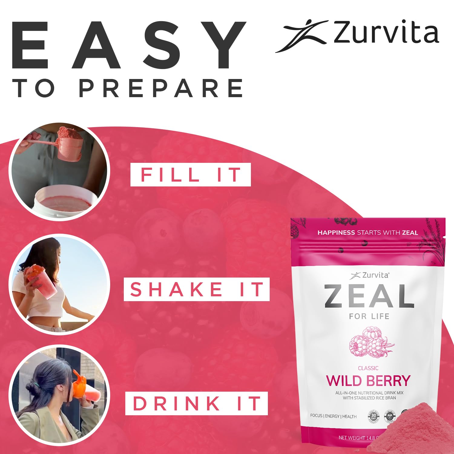 Zurvita Zeal for Life 30-Day Wellness Bag - Wild Berry Flavor (420g) | Premium Nutritional Supplement for Vitality, Immunity & Overall Wellness | Perfect for Daily Energy Boost & Immune Support
