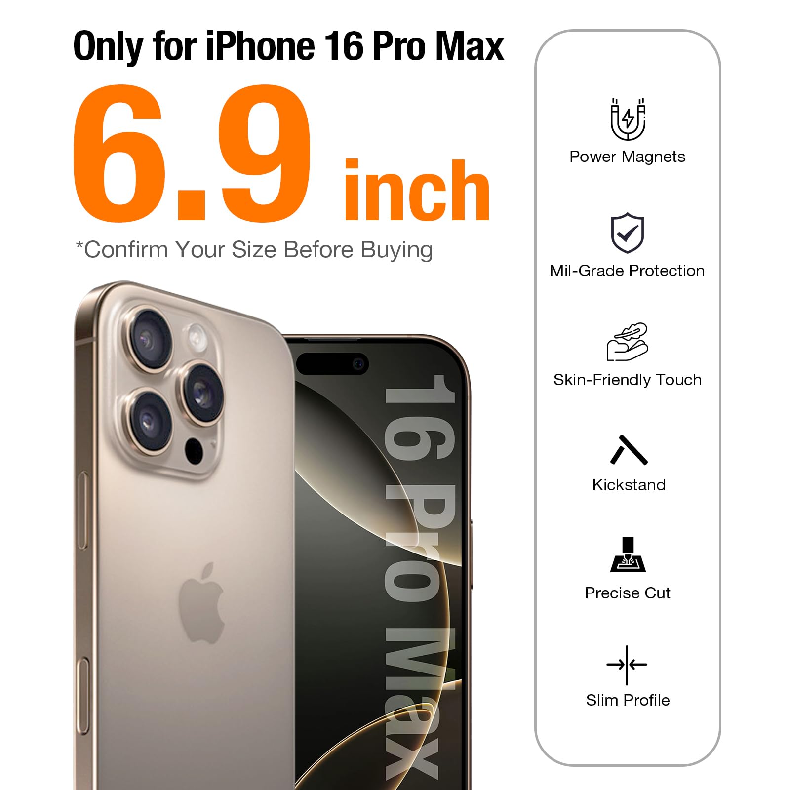 TORRAS Magnetic iPhone 16 Pro Max Case with Kickstand - Slim Matte Black for Work & Travel
