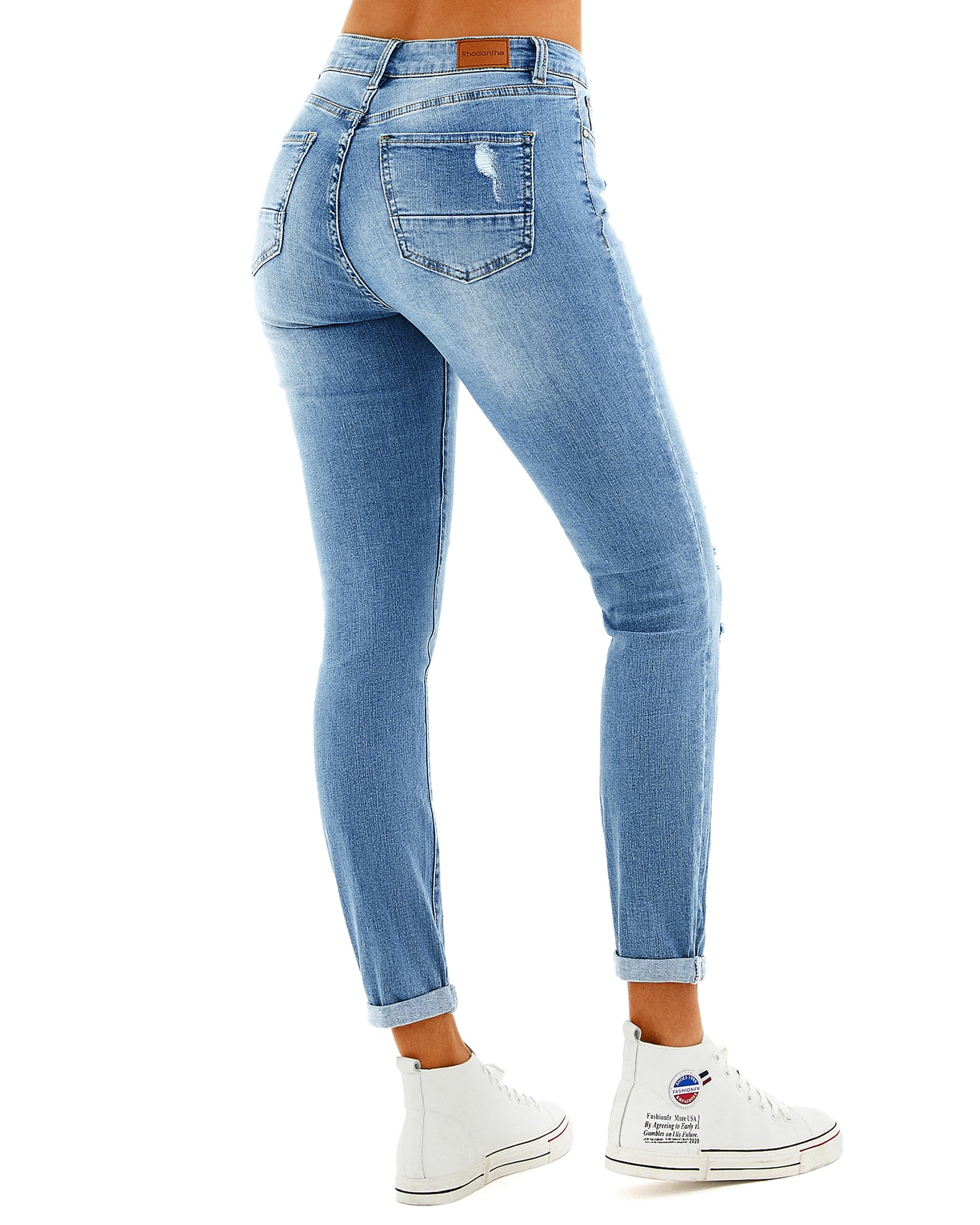 RHODANTHE Women's Ripped Boyfriend Jeans - Stretch Skinny Distressed Denim with Holes | Trendy Straight Leg Jeans for Casual Outfits & Street Style Fashion