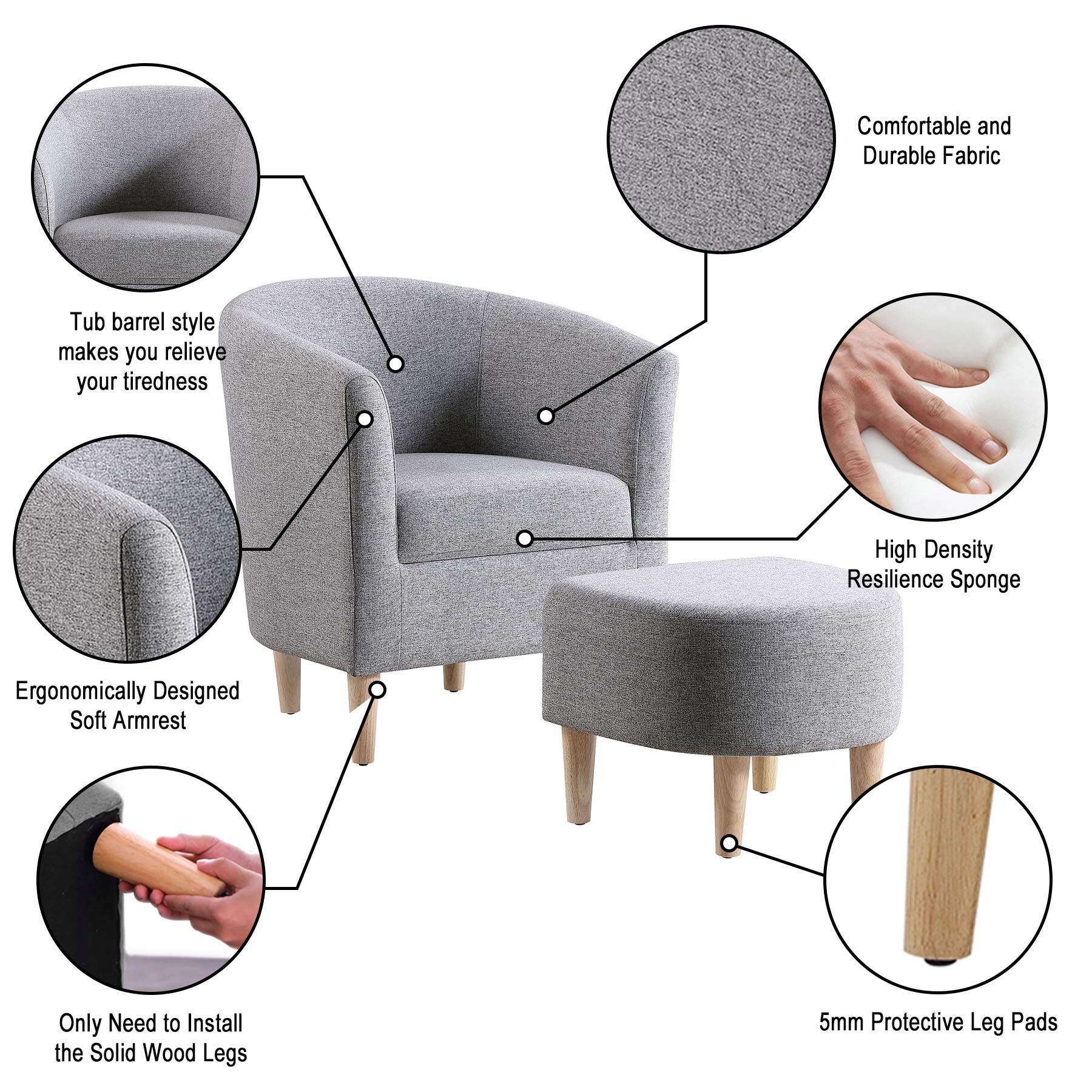 Modern Accent Chair with Ottoman Set of 2 - Upholstered Barrel Club Armchair & Footrest - Gray Fabric Living Room Furniture for Small Spaces, Bedroom, Apartment & Office - Perfect for Reading Nook, Lounge Area or Guest Seating