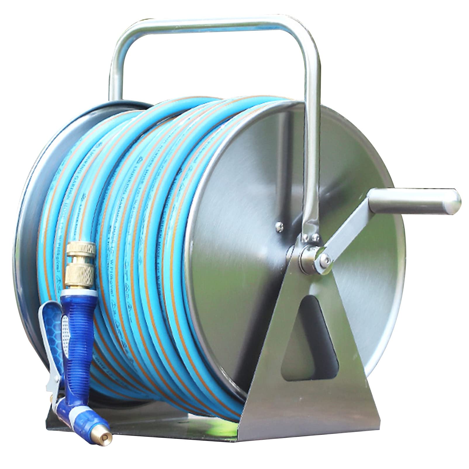 Stainless Steel Wall Mount Garden Hose Reel with Hand Crank - 1/2 Inch Hose Holder, Mobile Water Pipe Cart & Swivel Stand - Perfect for Outdoor Lawn, Garden, and Car Washing