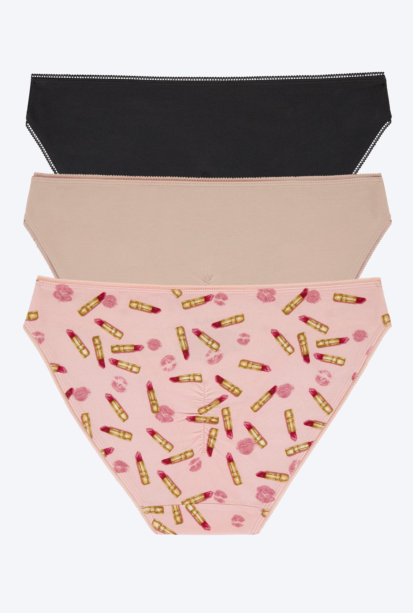 Stretch Jersey Bikini Underwear 3 Pack - Black & Nude with Hot Lips Print | Soft Comfortable Women's Panties for Everyday Wear, Yoga & Beach