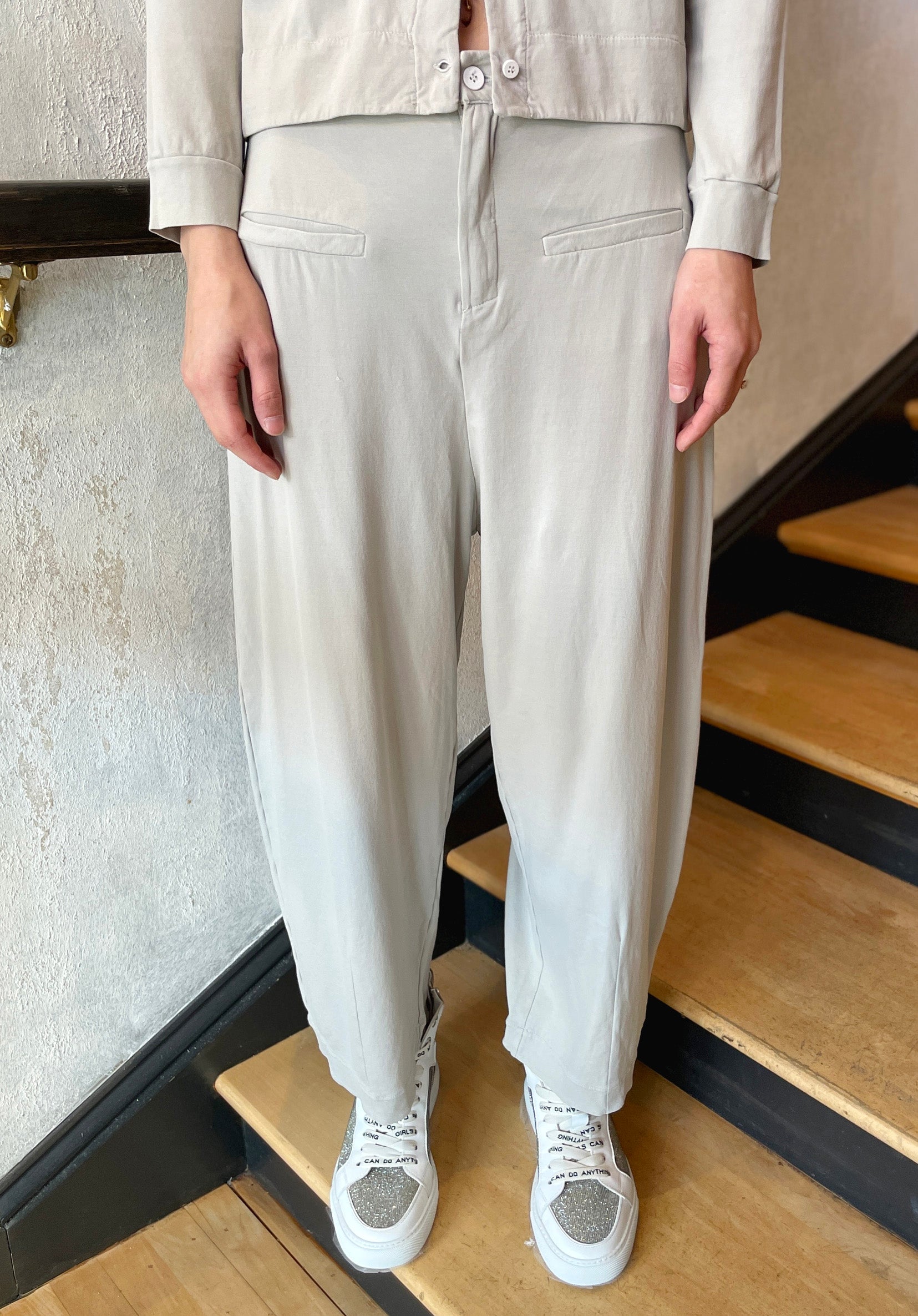 Comfort Fit Stretch Cotton Jersey Trousers for Women - Light Grey Casual Pants for Work, Travel & Everyday Wear