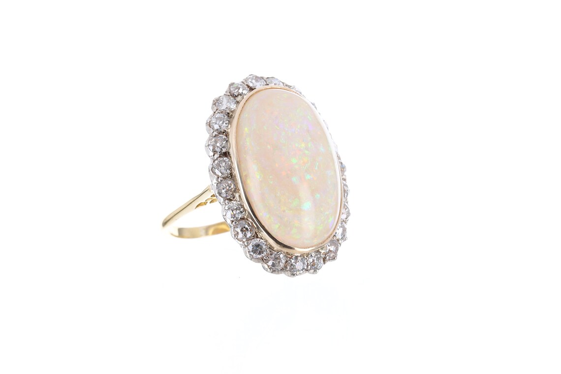 Antique Victorian 14K Gold Opal & OEC Diamond Statement Ring - 21.60tcw Vintage 1900s Jewelry for Weddings, Anniversaries & Special Occasions