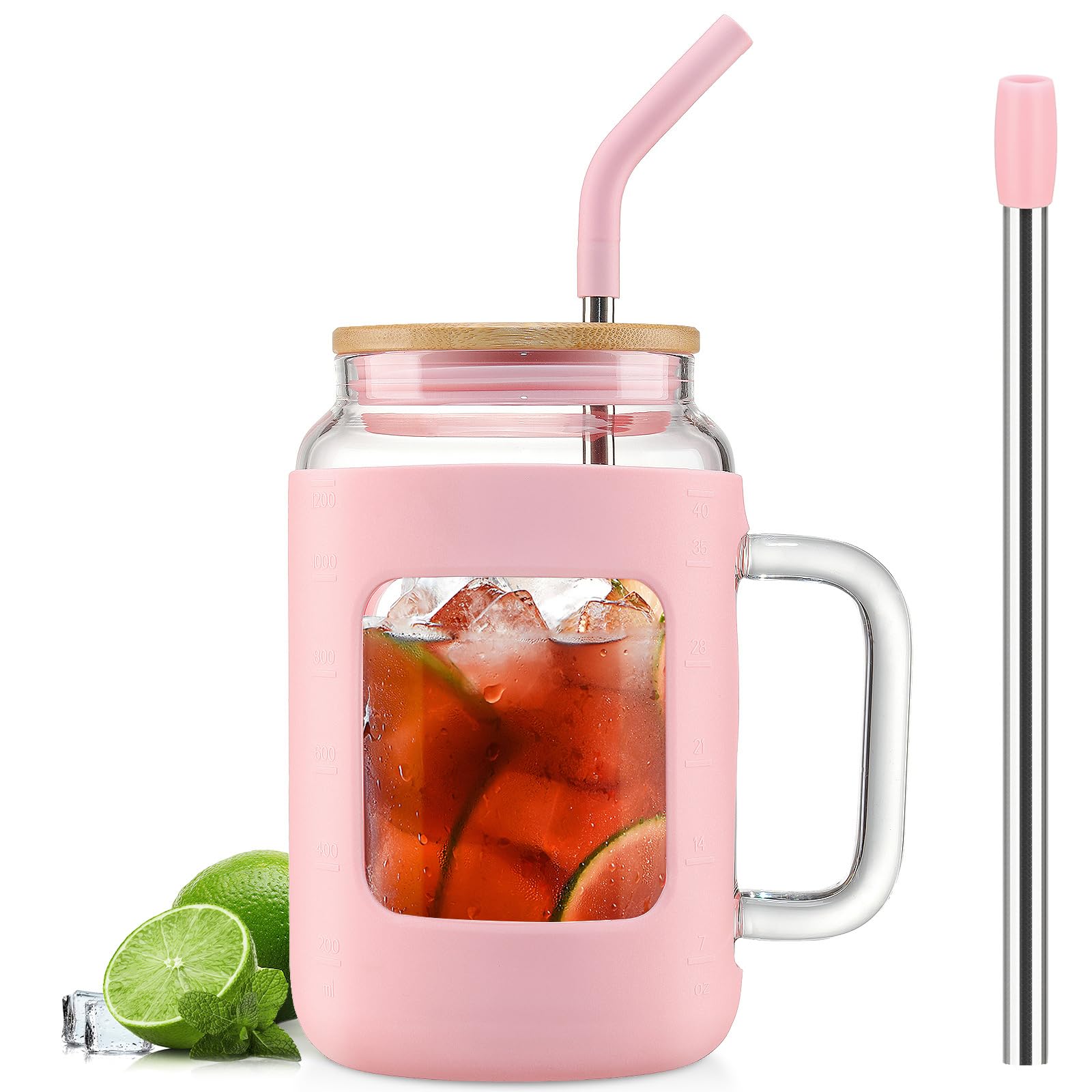 WINSA 40 oz Glass Tumbler with Bamboo Lid & Straw - BPA Free Insulated Water Bottle with Time Marker, Handle & Silicone Sleeve - Perfect for Iced Coffee, Tea, Smoothies & Office Hydration - Pink