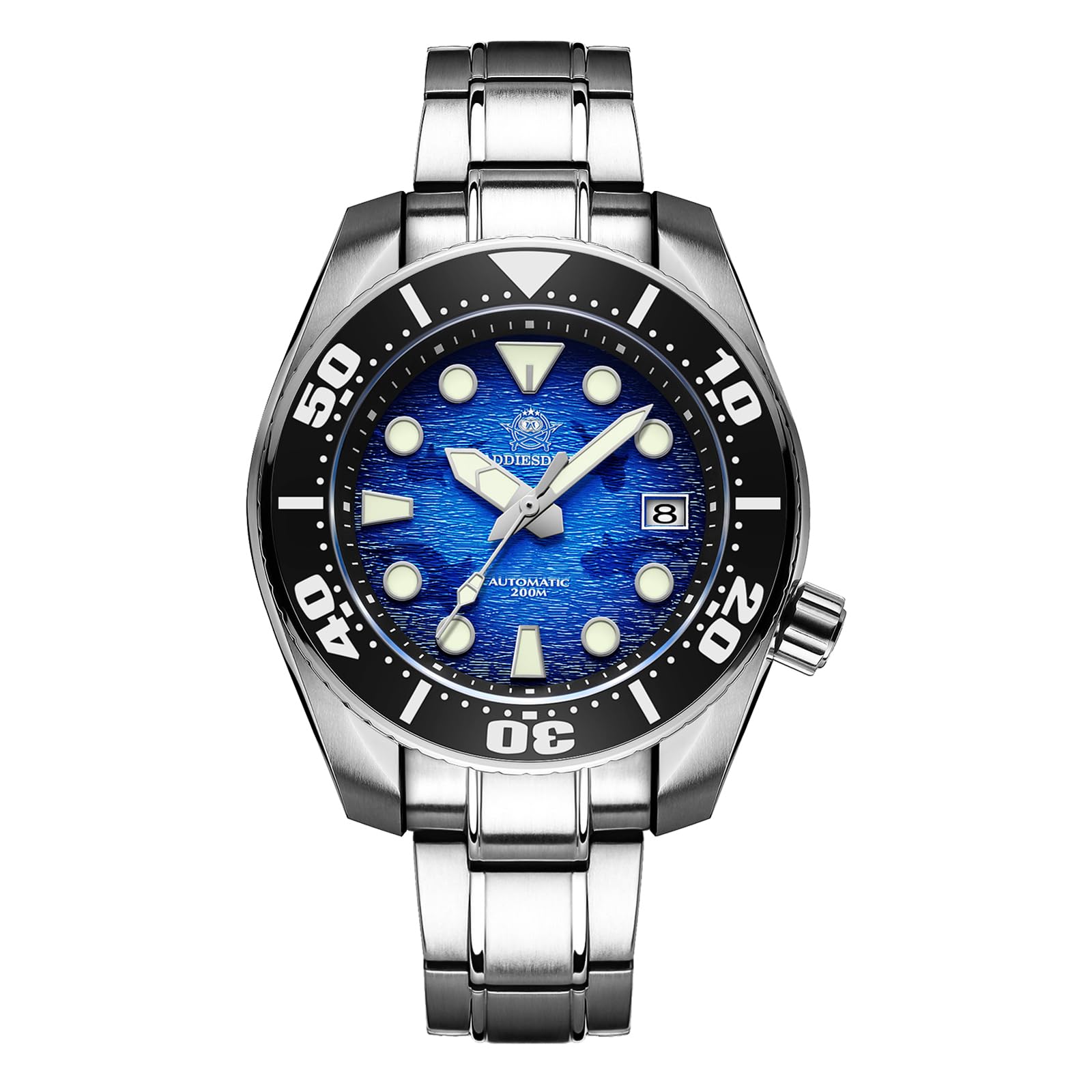 ADDIESDIVE Men's Automatic Diving Watch 44.9mm Blue Wave Dial, 200M Waterproof, NH35A Movement, Stainless Steel Band - Perfect for Scuba Diving, Snorkeling & Water Sports