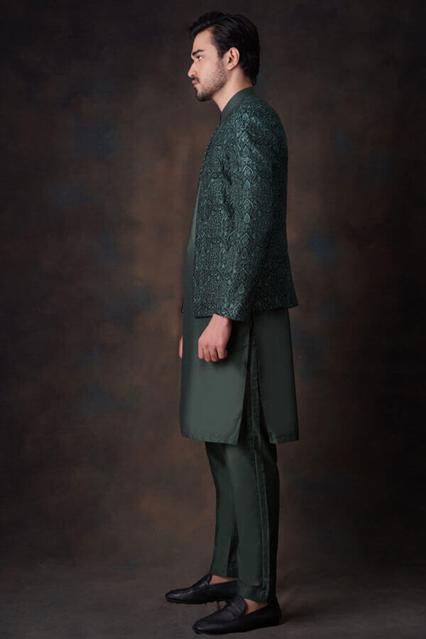 Emerald Green Resham Embroidered Prince Jacket for Men | Elegant Indian Wedding Sherwani | Traditional Formal Attire for Groom, Party & Festive Occasions