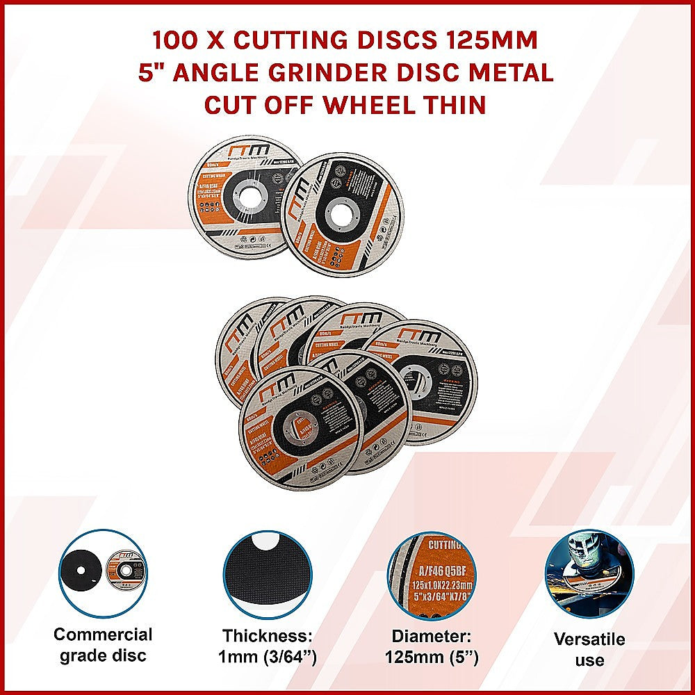 100-Pack 125mm (5 Inch) Metal Cutting Discs for Angle Grinder - Thin & Durable Cut Off Wheels - Perfect for Metalworking, DIY Projects & Construction