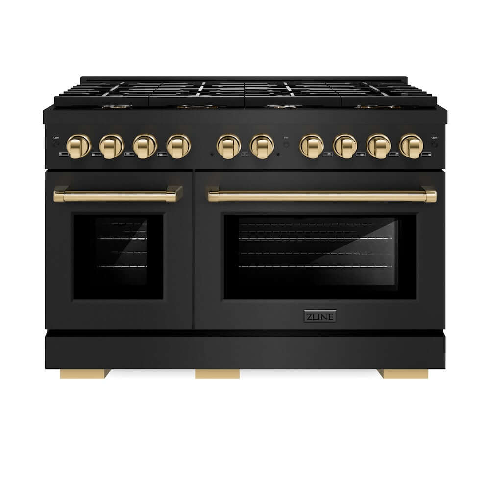 ZLINE Autograph Edition 48-inch 6.7 cu. ft. Paramount Double Oven Gas Range with 8-Burner Cooktop - Black Stainless Steel & Polished Gold Accents (SGRBZ 48 G) | Professional Kitchen Appliance for Home Chefs & Entertaining