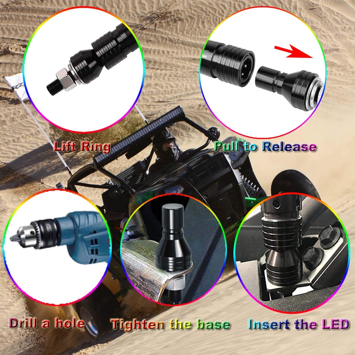 4FT LED Whip Lights - 2 Pack RGB Spiral Antenna Lights with RF Remote Control, 360° Illumination for Off-Road ATV, UTV, Polaris RZR & 4x4 Trucks | Durable Waterproof Design for Night Riding, Camping & Outdoor Adventures
