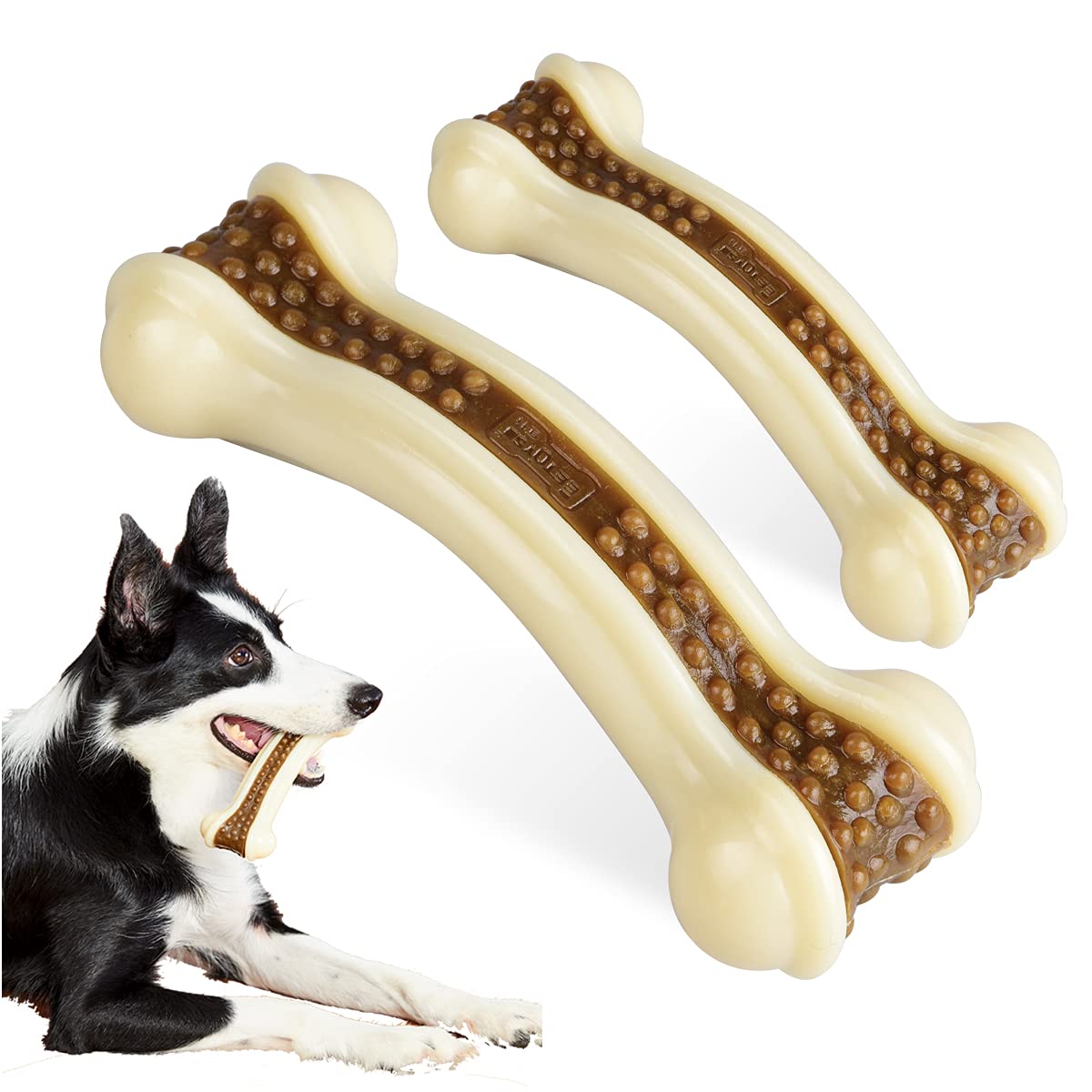 Durable Indestructible Dog Chew Toys for Aggressive Chewers - 2 Pack Beef Flavor Nylon Chew Bones for Large, Medium & Small Breed Puppies - Perfect for Teething, Boredom Relief & Dental Health