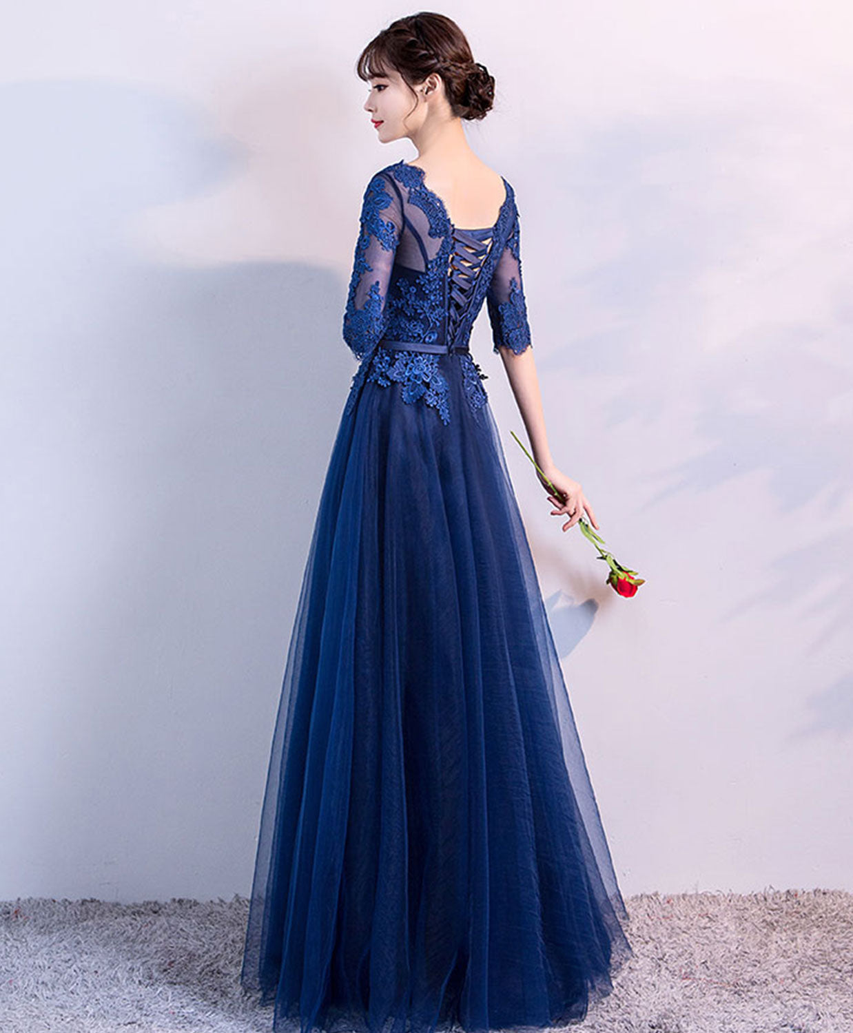 Elegant Blue Tulle Lace Long Prom Dress with Floral Embroidery - Formal Evening Gown for Homecoming, Wedding, and Special Occasions