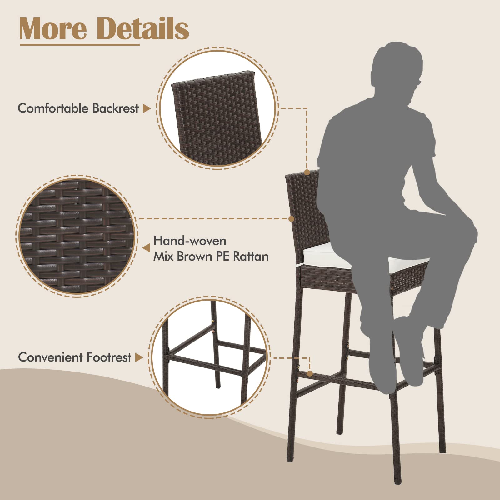 RELAX4LIFE Outdoor Bar Stools Set of 4 - Wicker Rattan Patio Barstools with Backrest, Footrest & Seat Cushions - Heavy Duty 400LBS Capacity Metal Frame Counter Height Stools (30 Inch, Mix Brown) - Perfect for Backyard, Deck, Poolside & Outdoor Dining Areas