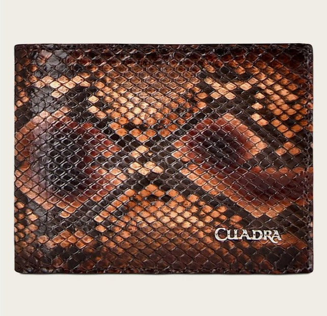 Cuadra Men's Classic Chestnut Python Leather Bi-Fold Wallet - Slim RFID Blocking Luxury Wallet for Everyday Use & Business (B2910PI)