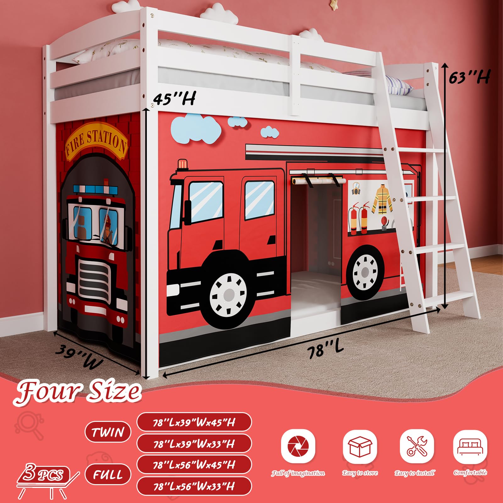 Fire Truck Bunk Bed Curtains - Premium Customizable Cartoon Loft Bed Curtains for Kids (3PCS, Twin Size) | Enhance Imagination & Room Decor | Perfect for Themed Bedrooms, Playrooms & Kids' Sleepovers