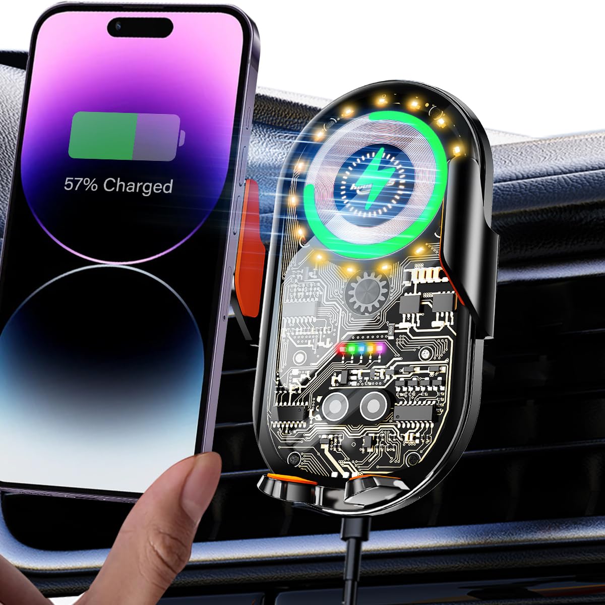 Qi 15W Fast Wireless Car Phone Mount & Charger - Universal Air Vent Auto Clamp Holder for iPhone, Samsung (4.7-7.2 Inch) | Hands-Free Driving & Safe Navigation