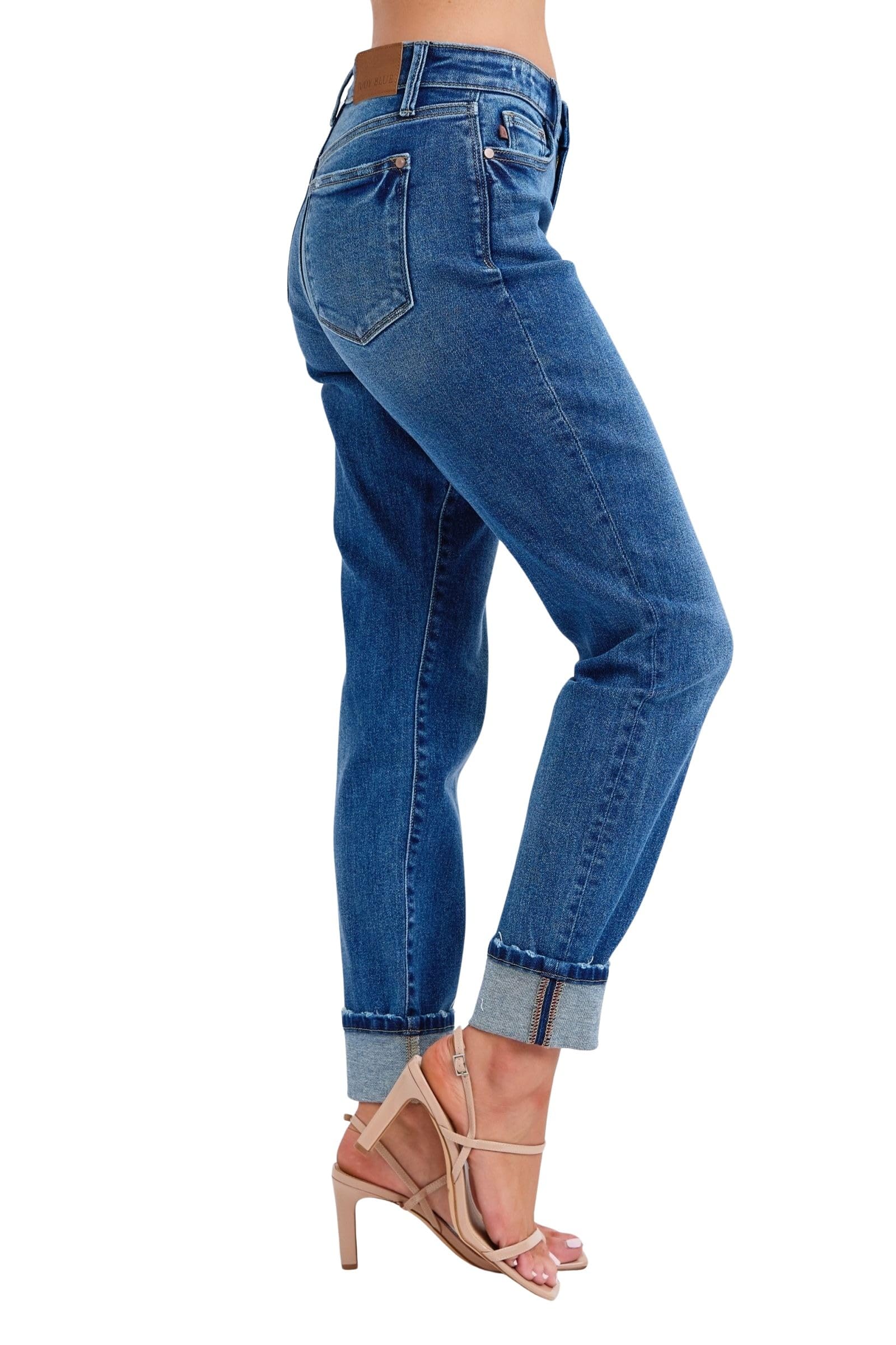 Judy Blue Women's Mid-Rise Vintage Wash Cuffed Boyfriend Jeans - Comfortable Distressed Denim Pants for Casual Outfits & Everyday Wear