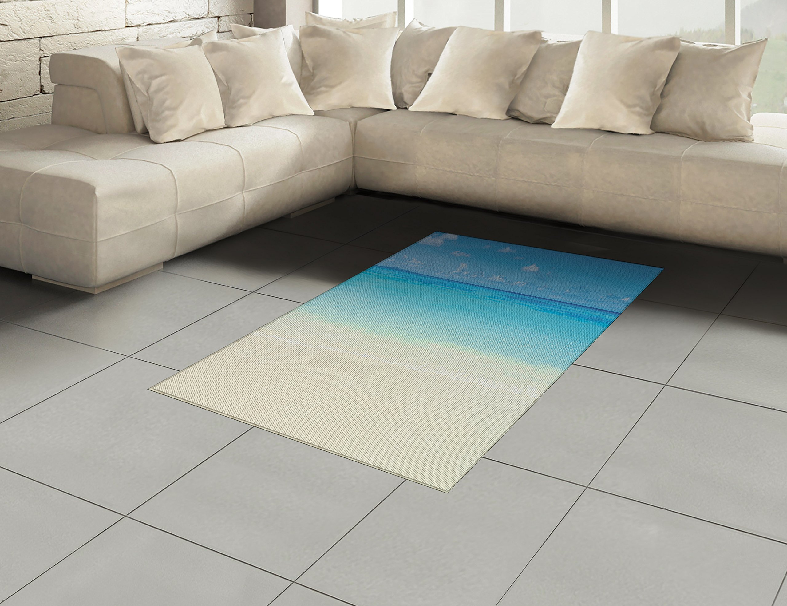 Ambesonne Tropical Caribbean Sea Ocean Area Rug - Paradise Beach Sky View Design, Flat Woven Cream Navy Accent Rug 4'x5'7