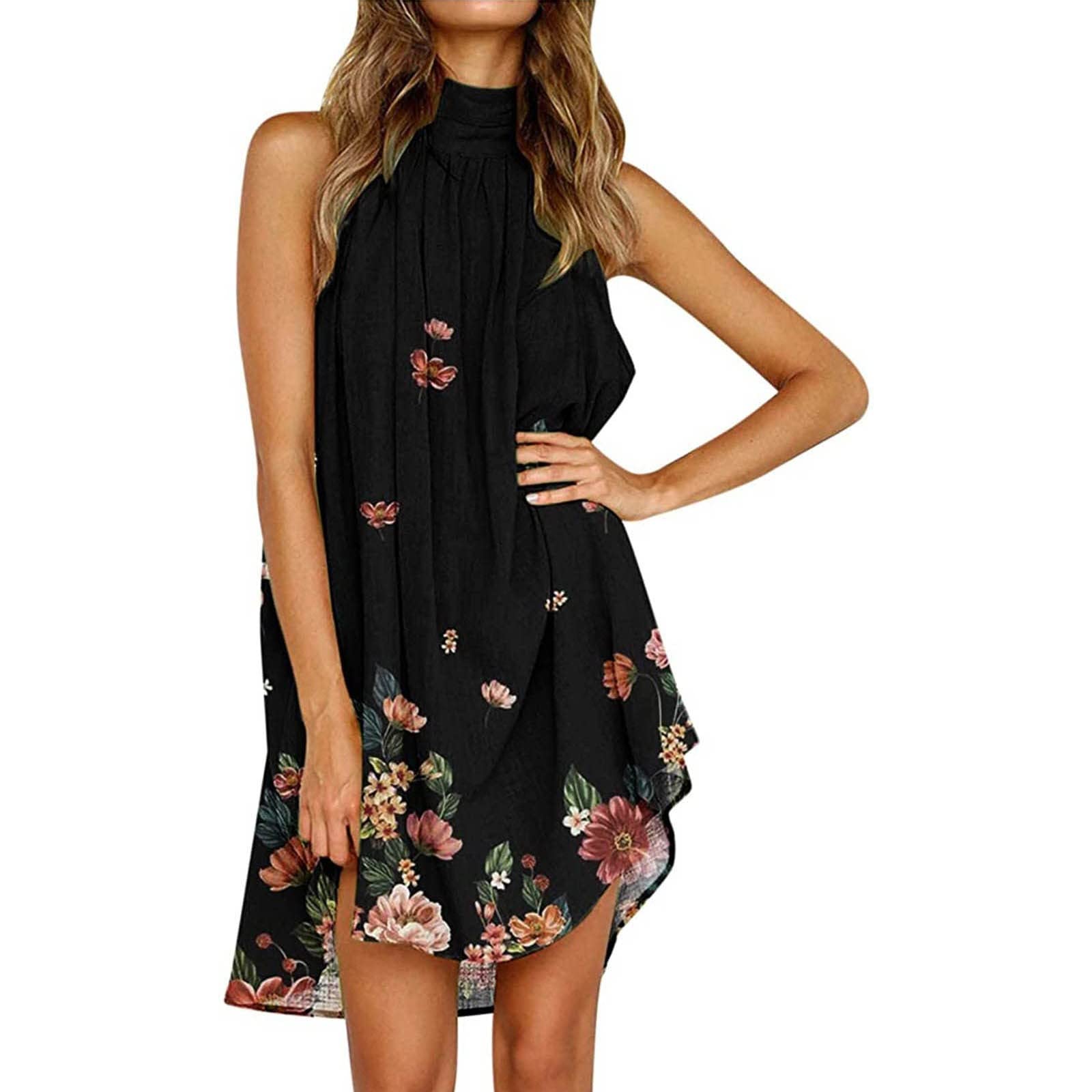 Strappy Summer Dress for Women - Halterneck Off Shoulder Floral Print Elegant Sleeveless Beach Cami Dress | Perfect for Vacations, Parties & Casual Outings