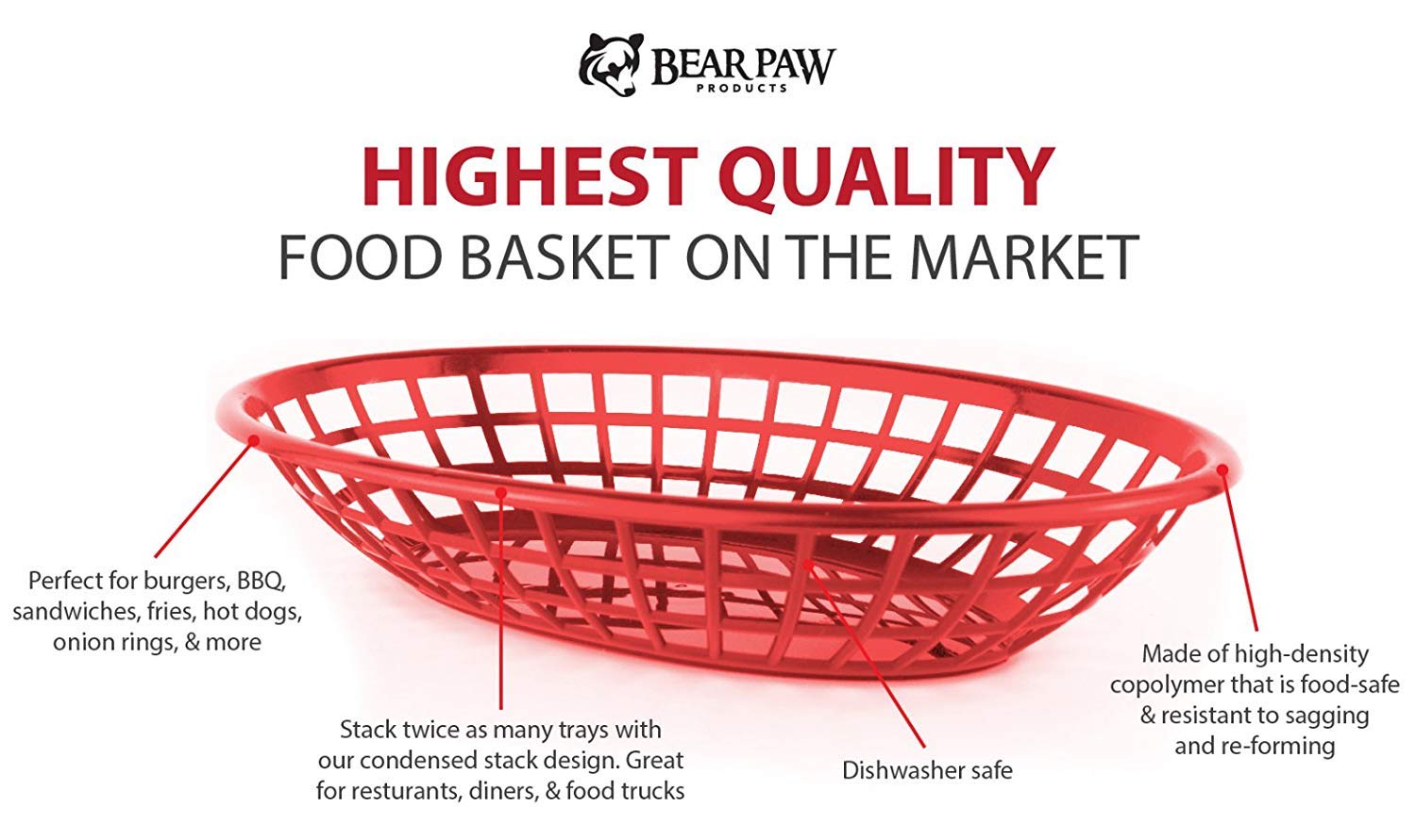 Bear Paws Plastic Oval Serving Baskets - 12-Pack Red Restaurant & Deli Trays for Fries, Burgers, Crawfish - Perfect for Parties, Picnics & Food Service