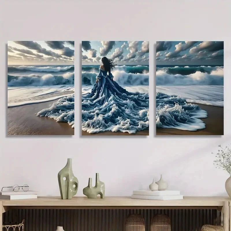 3-Piece Ocean Beach Fantasy Style Mural Metal Print Wall Art - Ready to Hang Coastal Decor for Living Room, Bedroom, or Office