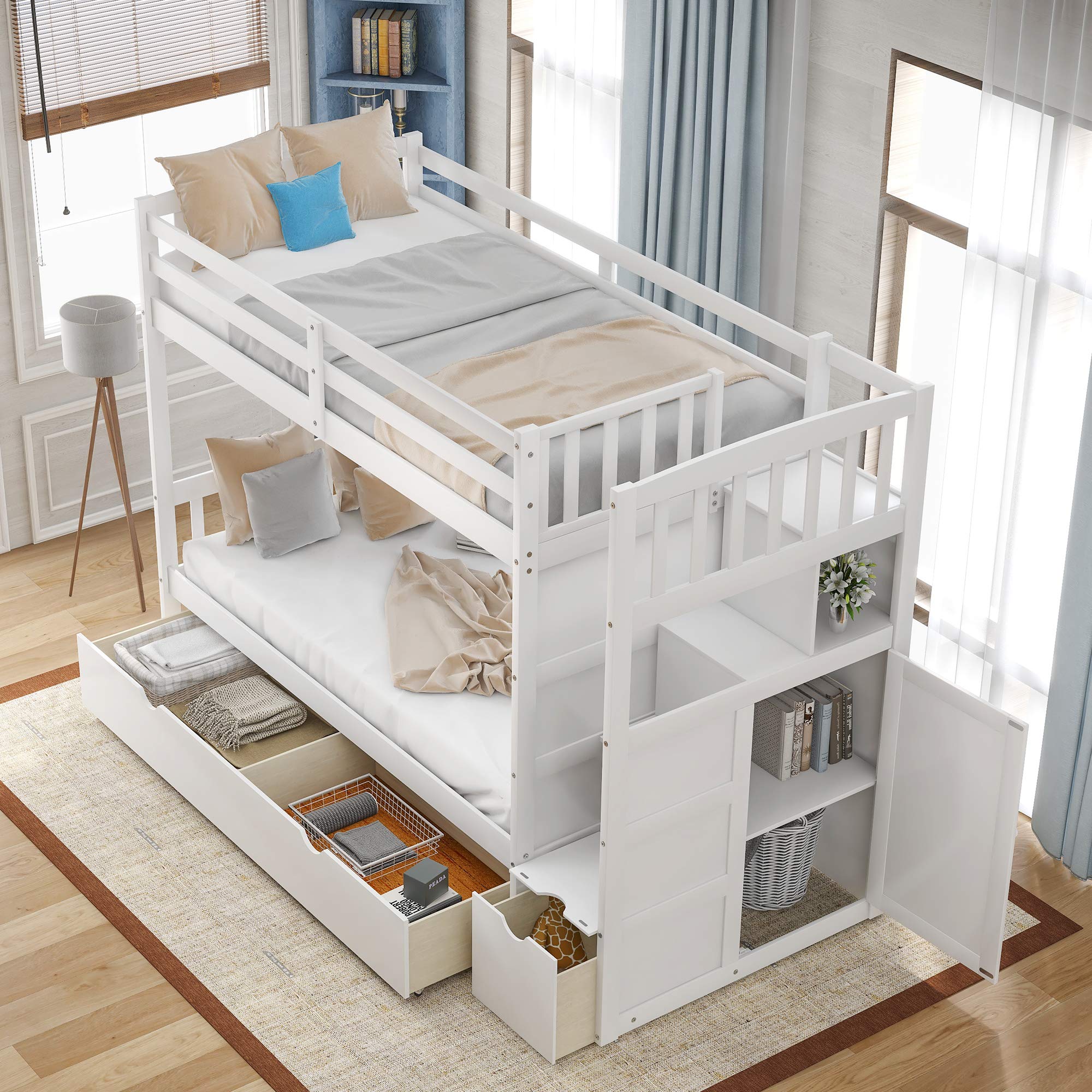 Harper & Bright Designs Twin Over Twin/Full Bunk Bed with Stairway - Convertible Bottom Bed, Wooden Bunk Bed with Storage Shelves & Drawers (White) - Perfect for Kids' Bedroom, Space-Saving Solution for Small Rooms & Shared Bedrooms