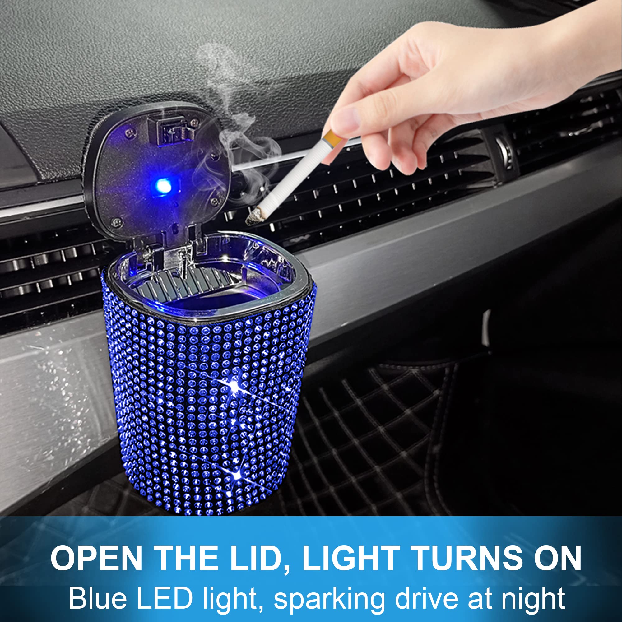 Blue LED Car Ashtray with Lid - Smokeless Cup Holder Ashtray for Auto, Women's Accessories | Perfect for Road Trips, Commuting & Smoke-Free Car Interior