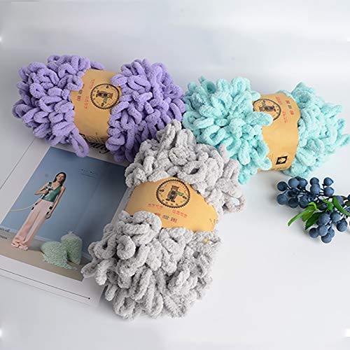 Soft Chunky Blanket Yarn - Chenille Finger Loop Yarn for Hand Knitting, Crochet & DIY Blankets (Set of 3 - White, Grey & Blue) - Perfect for Cozy Winter Nights, Home Decor & Handmade Gifts