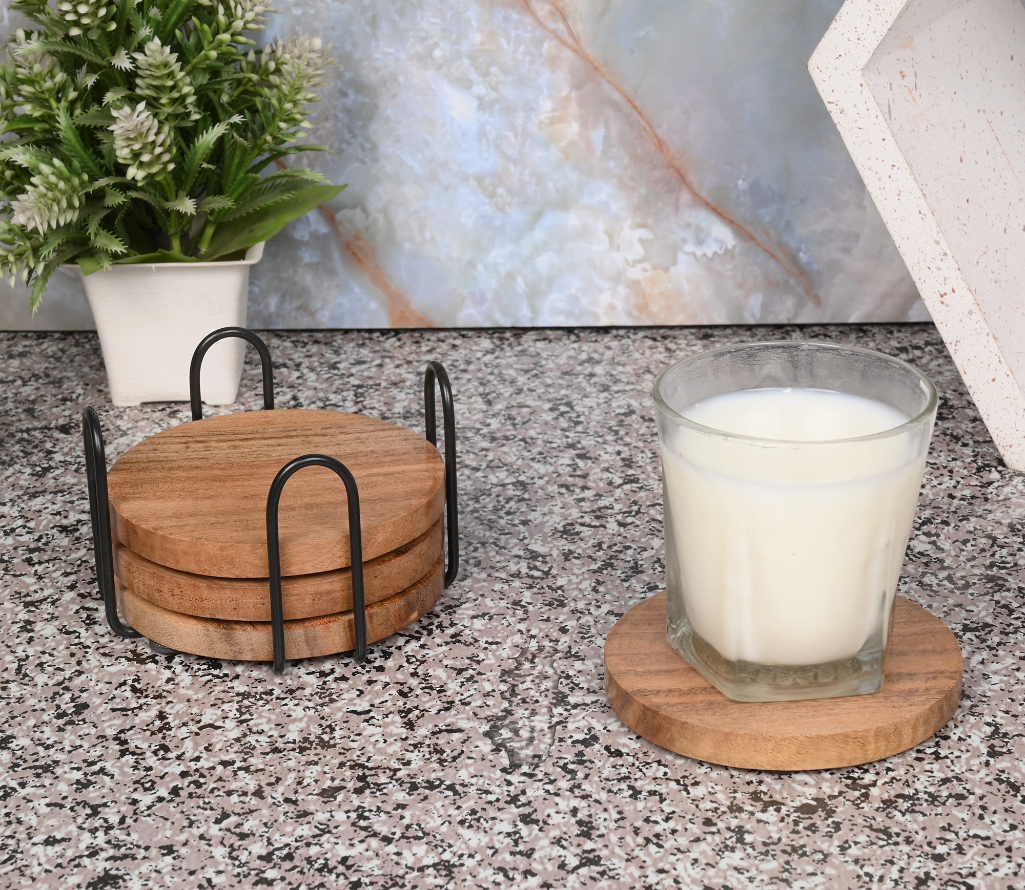 Premium Acacia Wood Drink Coasters Set of 4 with Iron Holder Stand - Natural Wooden Coasters for Coffee Tables, Bars & Home Decor - Protect Your Furniture from Water Rings & Heat Stains (Ideal for Coffee, Wine & Cocktail Parties)