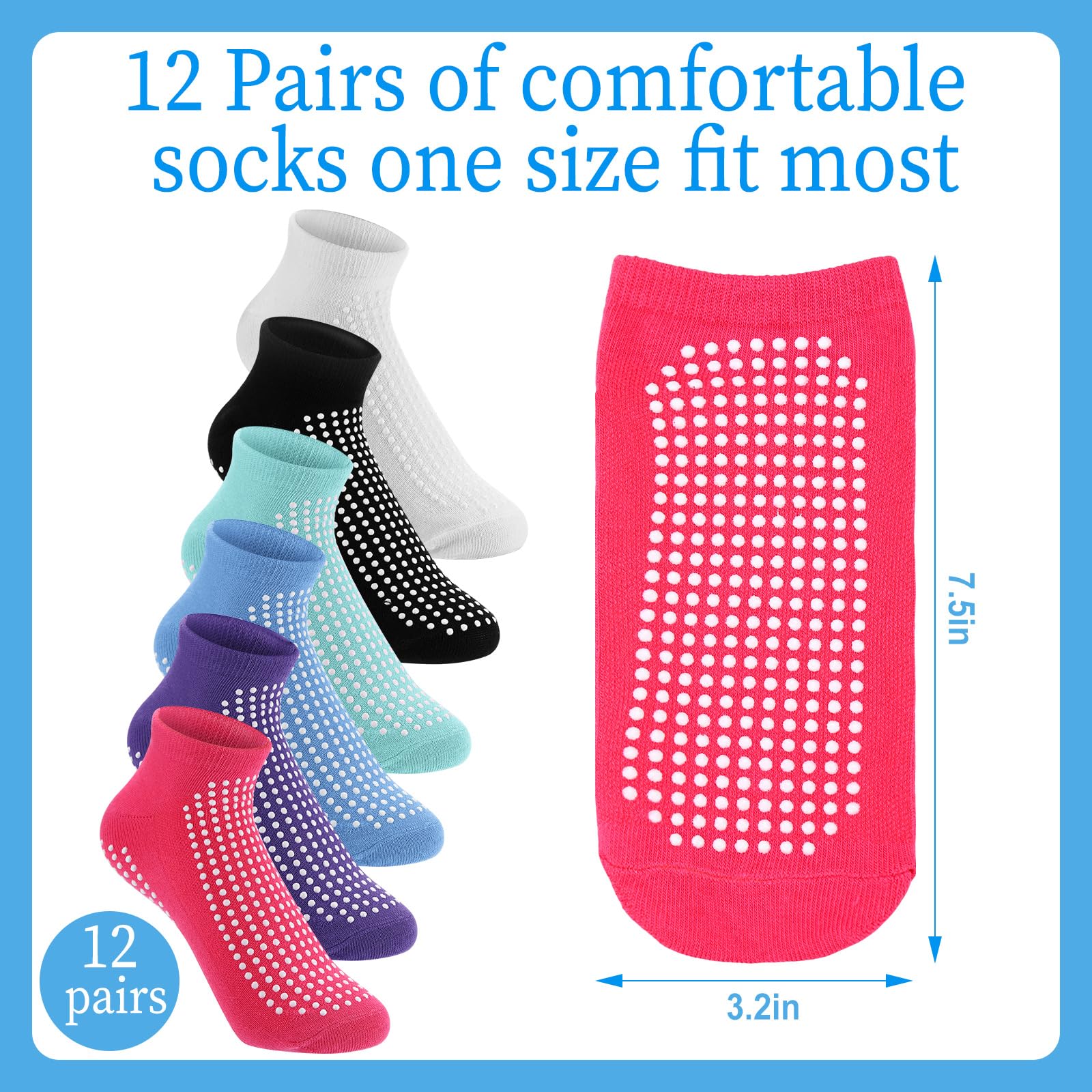 12 Pairs Non-Slip Grip Socks for Hospital, Yoga & Pilates - Anti-Slip Fall Prevention Ankle Socks for Women & Men - Perfect for Nursing Homes, Workouts and Home Use