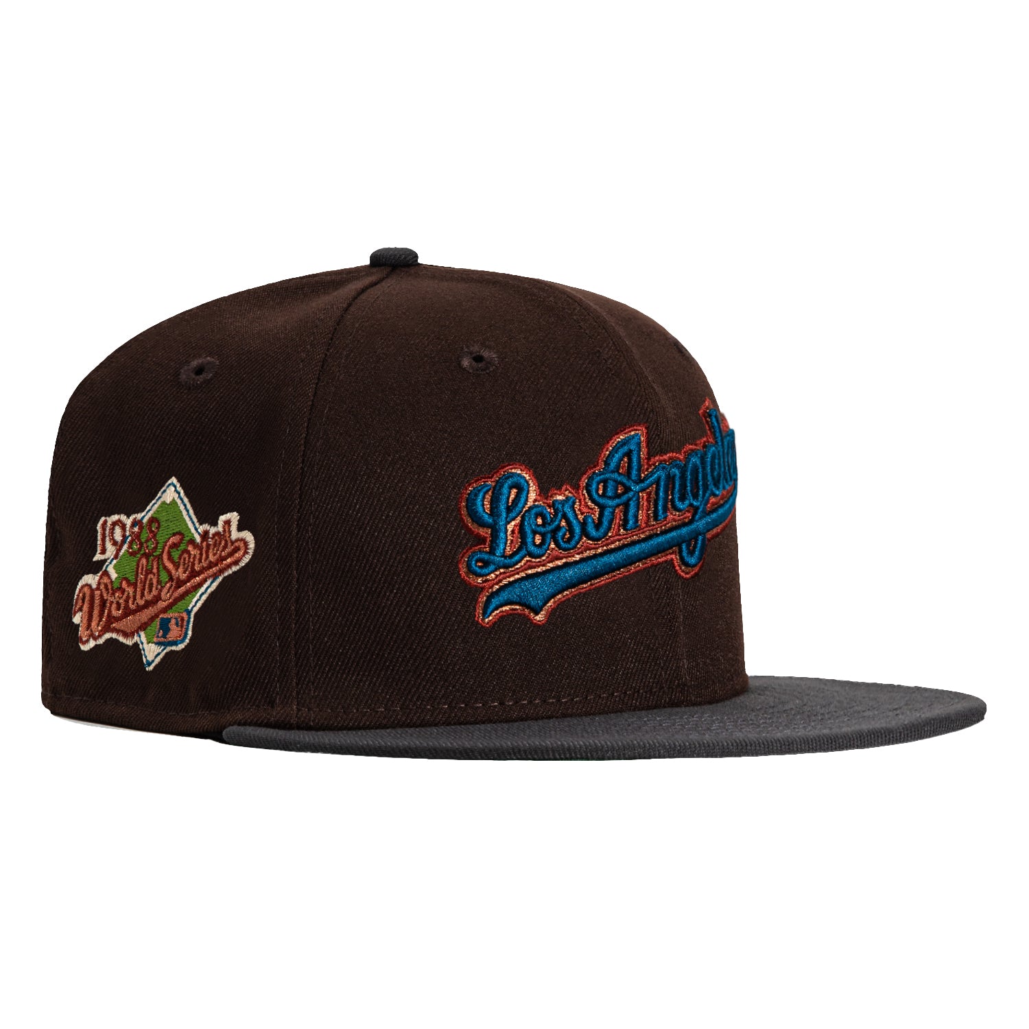 New Era 59Fifty Los Angeles Dodgers 1988 World Series Patch Script Hat - Brown & Graphite Color | Vintage Baseball Cap for Dodgers Fans, Sports Collectors & Streetwear Fashion
