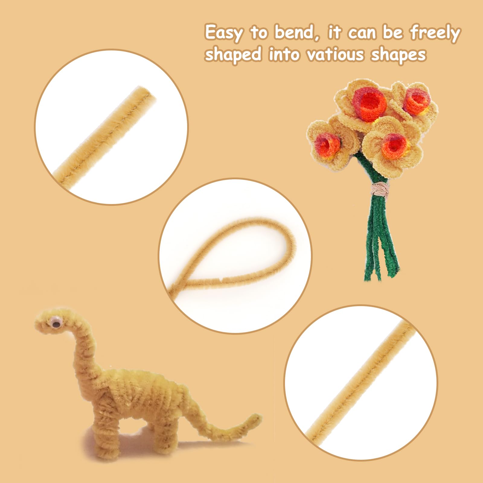 FirstKitchen 100pcs Light Brown Pipe Cleaners for DIY Crafts - 0.23x12 Inch Soft Chenille Stems for Floral Arrangements, School Projects, and Kids Art Activities
