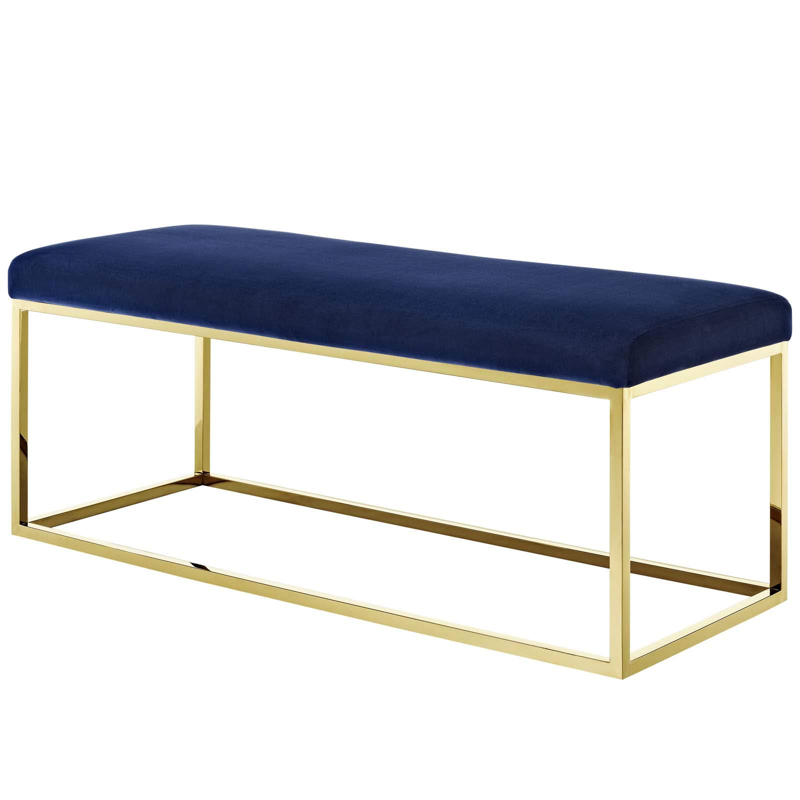 Modern Contemporary Accent Chair Bench with Velvet Fabric & Gold Metal Frame - Navy Blue Lounge Seating for Living Room, Bedroom, or Office Decor