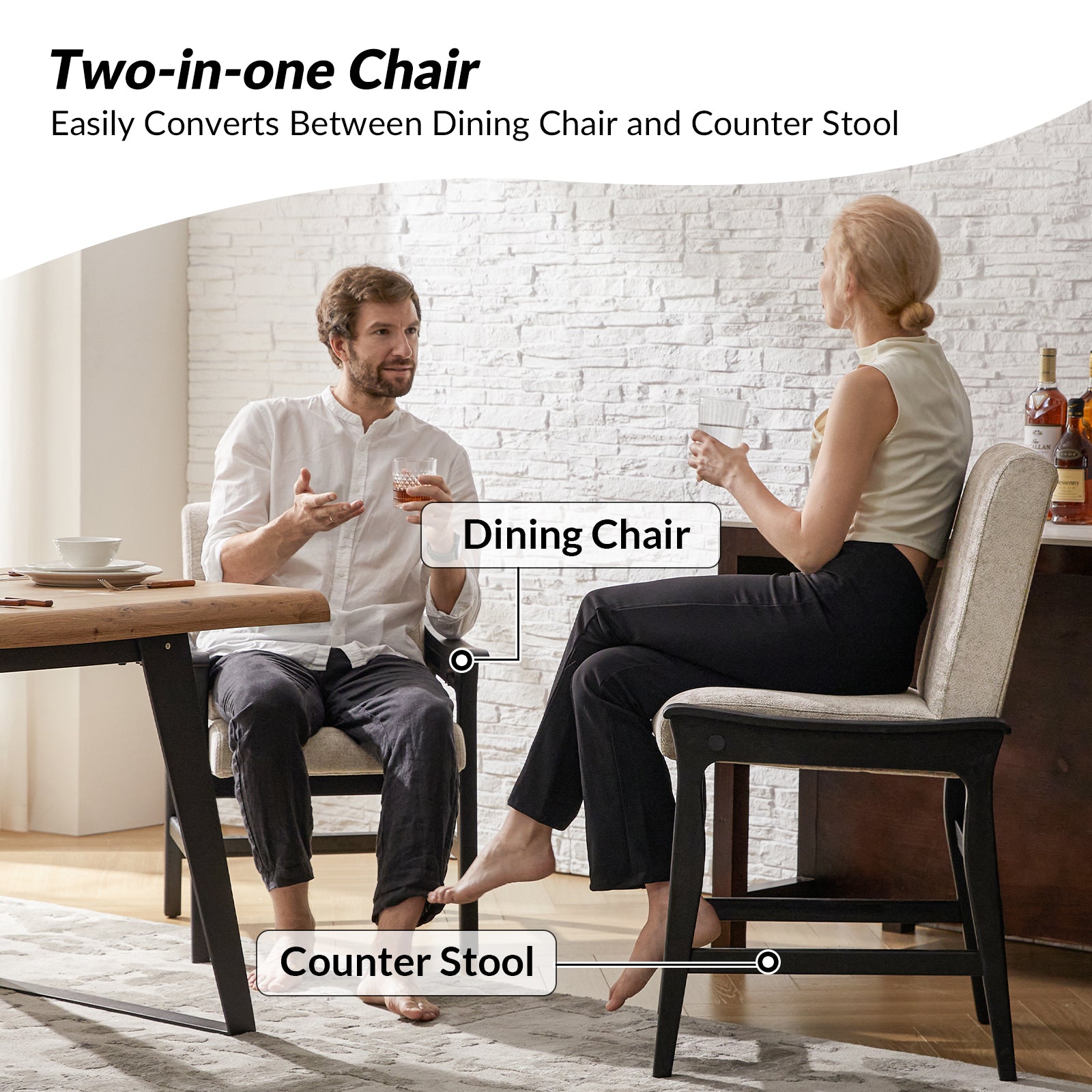 Modern Upholstered Counter Stool with Quick Shift to Dining Chair - Versatile Kitchen Island, Bar & Dining Room Seating for Home & Restaurant Use