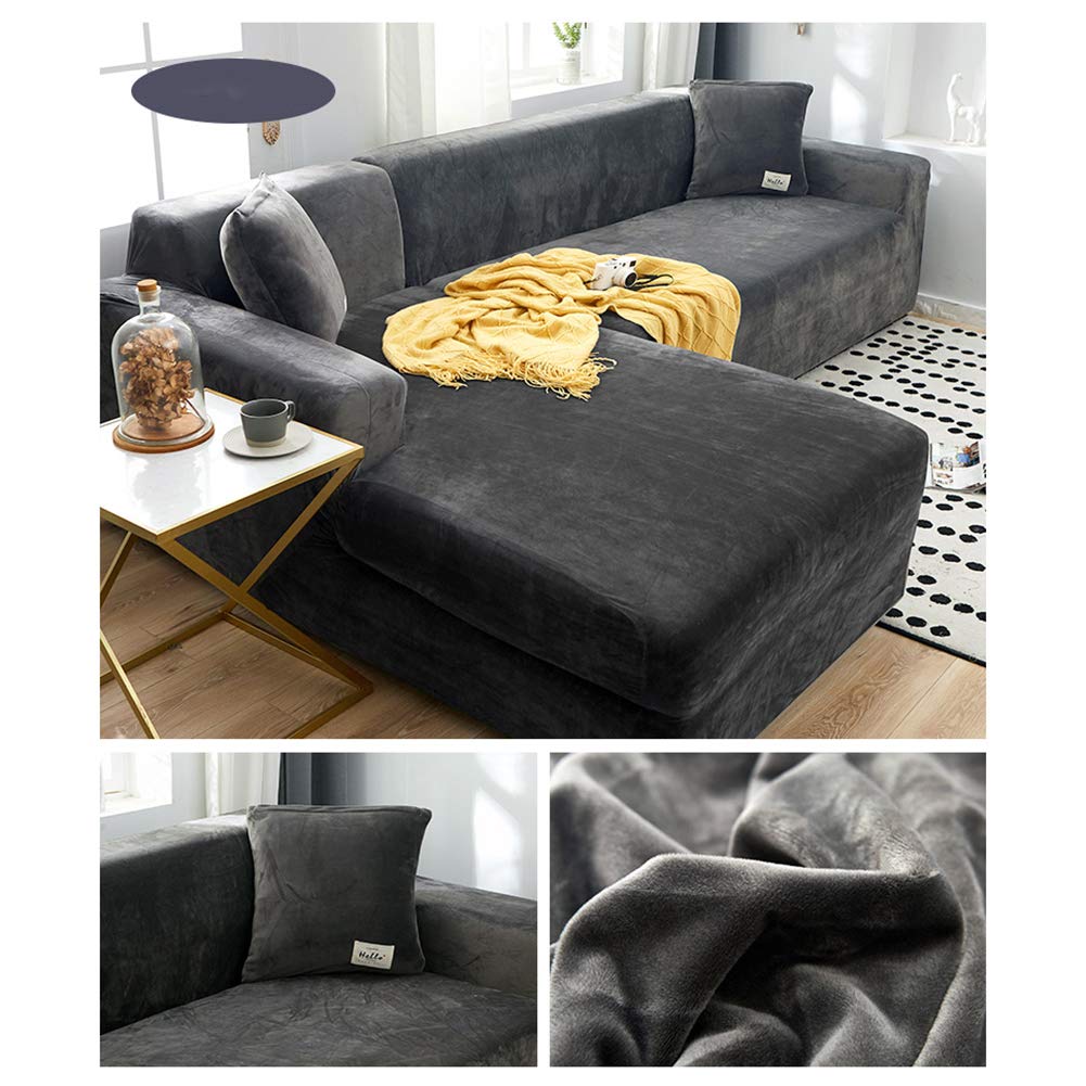 L-Shaped Plush Sectional Sofa Cover - Solid Color Furniture Protector for Pets & Leather Couches (Gray, Fits 3-Seat Sofas 190-230cm) - Perfect for Living Room, Family Room & Pet-Friendly Homes