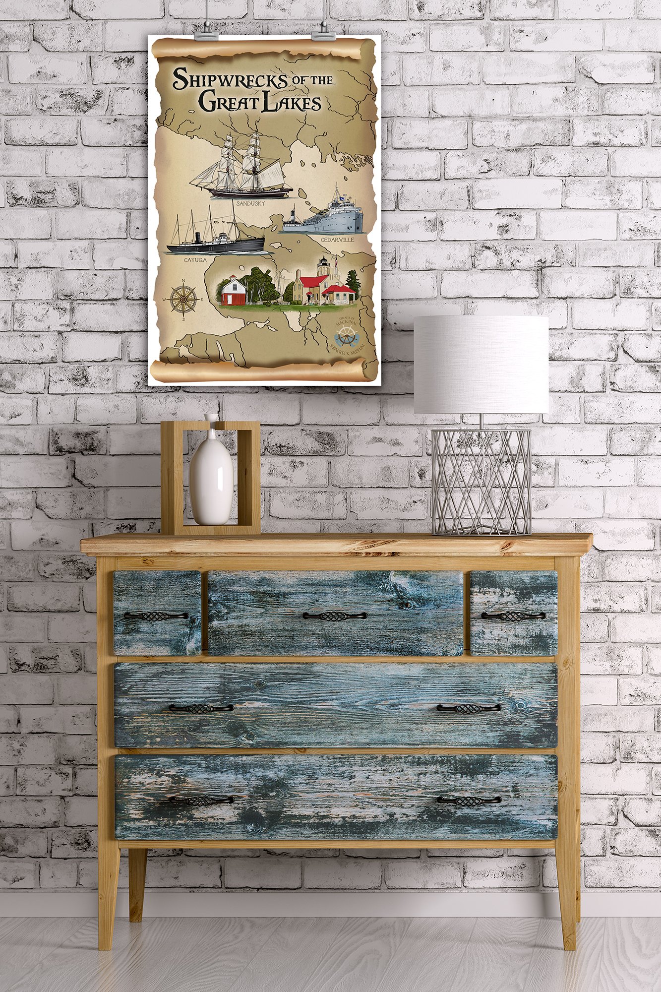 Shipwrecks of the Great Lakes Giclee Art Print - 16x24 Inches Wall Decor Travel Poster - Perfect for Nautical Theme Home Office & Lake House Decor