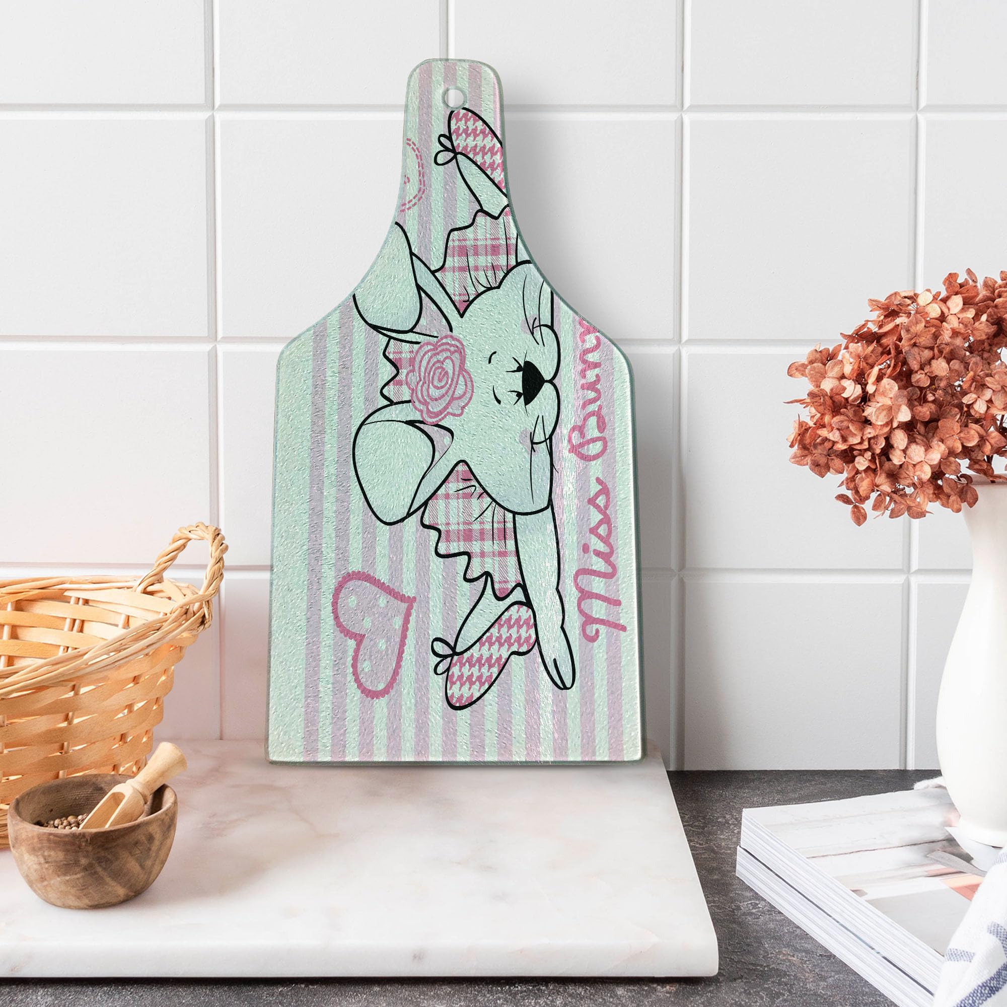 Ambesonne Retro Tempered Glass Cutting Board - Valentine's Day Miss Bunny Hoop in Love Romantic Rabbit Design, Decorative Serving Board for Cheese, Charcuterie & Wine (Pale Pink & White, Wine Bottle Shape) | Perfect for Valentine's Gifts, Bridal Showers & Romantic Dinners