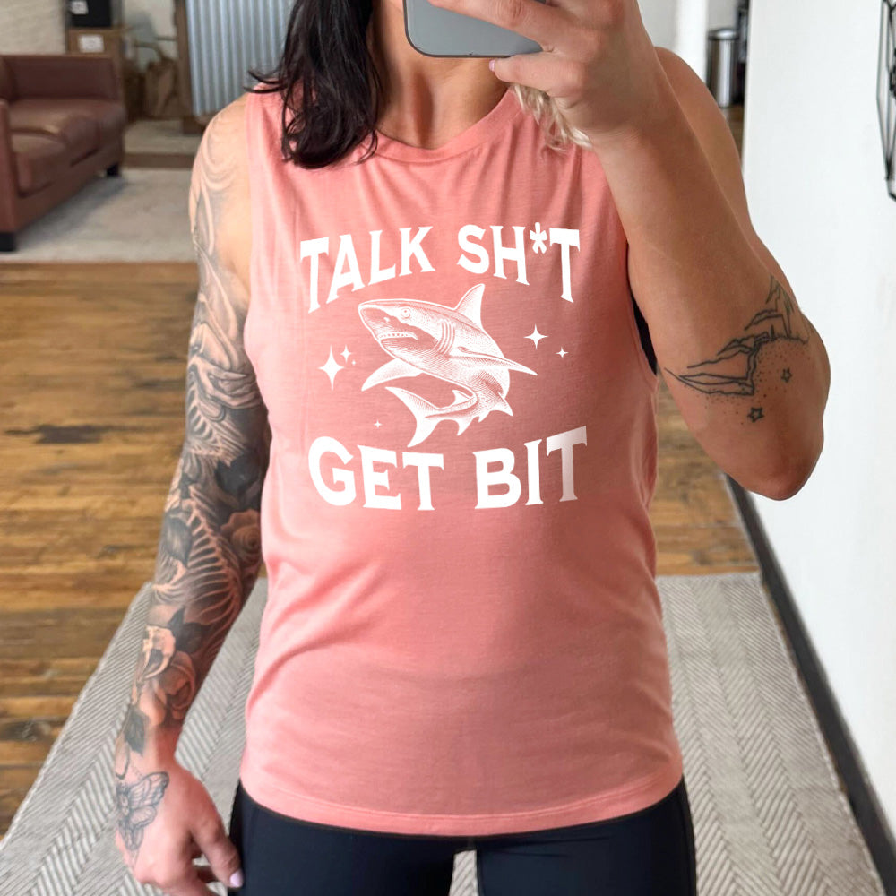 Talk Shit Get Bit Muscle Tank Top - Sleeveless Workout Shirt for Gym, Running & Fitness - Funny Sarcastic Graphic Tee for Women & Men