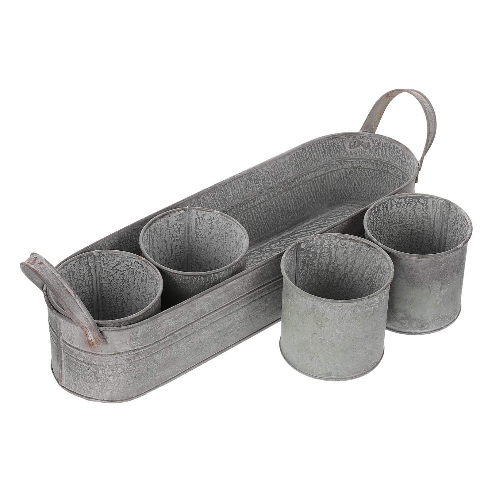 Vintage Iron Flower Pot Set - 4pcs Galvanized Planters with Tray for Indoor/Outdoor Succulents - Windowsill Decor