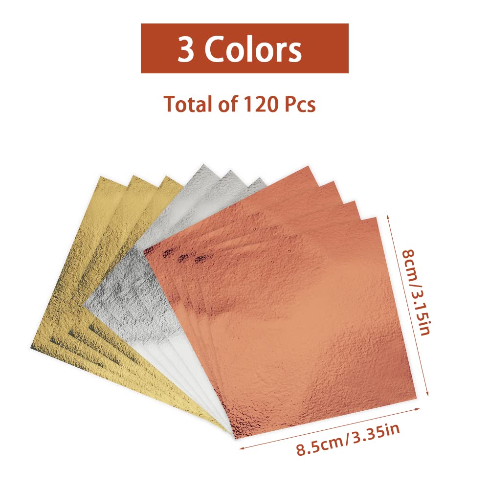 120 Sheets Imitation Gold Leaf Paper, 8 x 8.5 cm - Gold, Silver & Rose Gold Leaf for Painting, Nail Art, Makeup, DIY Crafts, Gilding & Furniture Decoration - Perfect for Home Decor, Wedding Invitations & Gift Wrapping