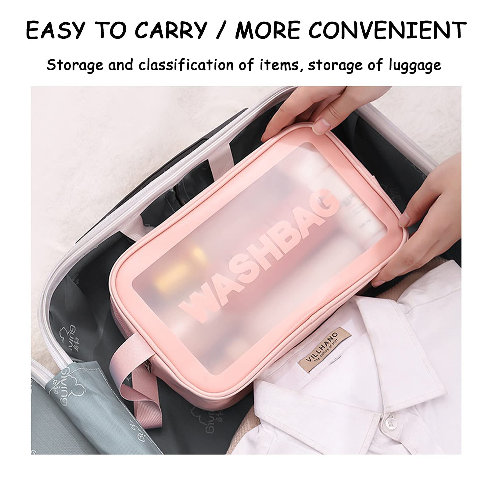 3Pcs Clear Travel Toiletry Bags - Waterproof PVC Cosmetic Organizer for Women & Men (Pink) - Perfect for Airports & Gym