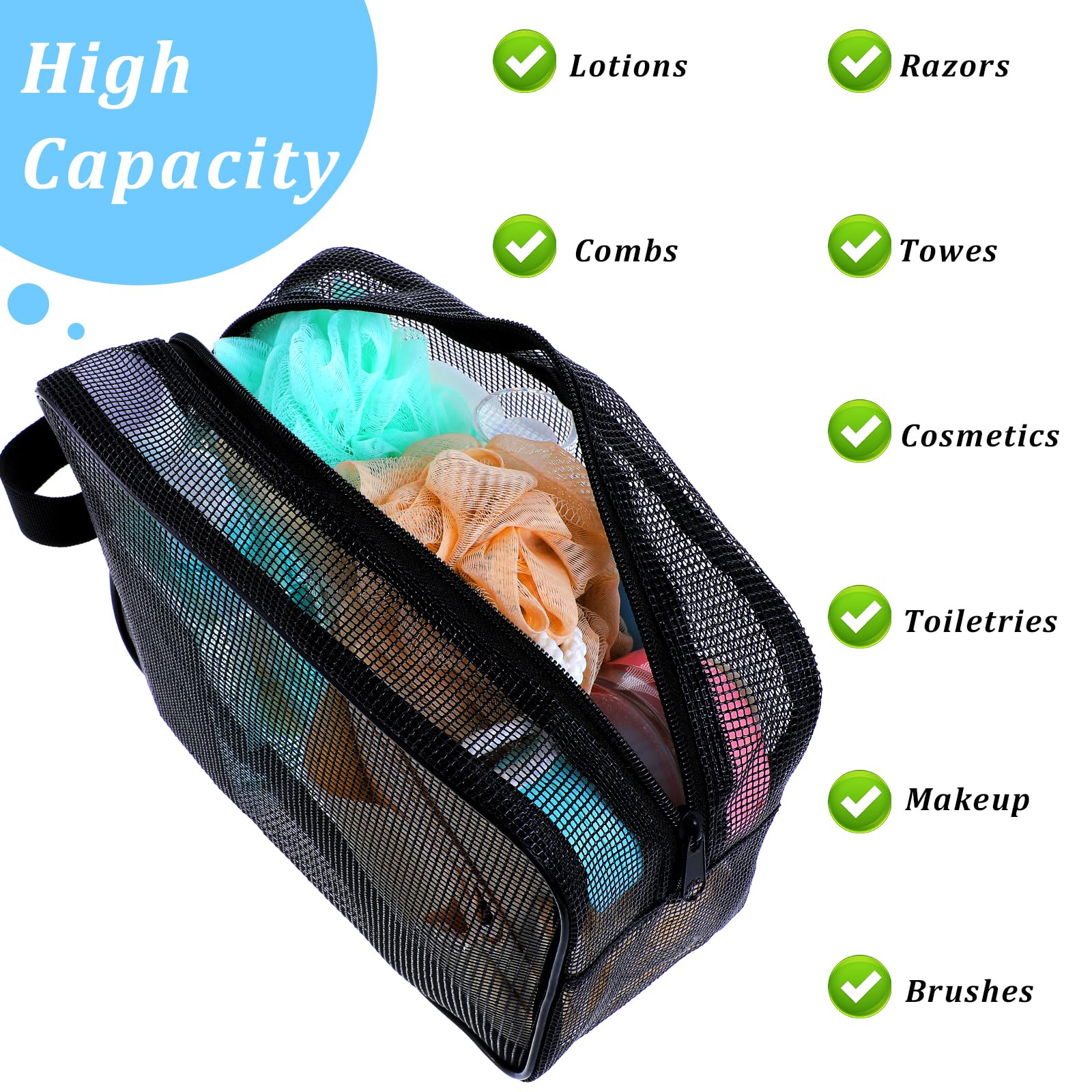 Portable Mesh Shower Caddy - Quick-Dry Toiletry Travel Bag for Gym, Camping, College Dorm & Bathroom Organization - Black Waterproof Shower Organizer with Hanging Hook (Ideal for Travel, Outdoor Adventures & Small Space Storage)