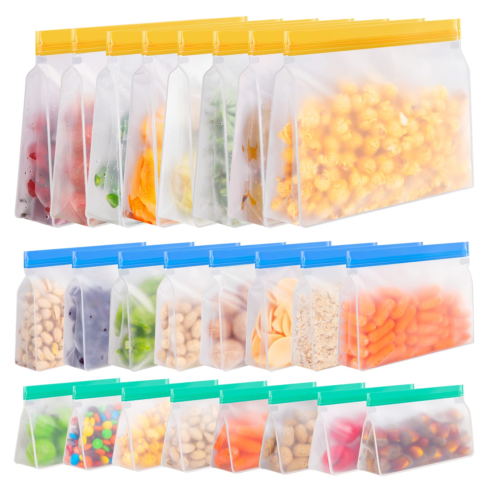 Eco-Friendly Reusable Food Storage Bags 24-Pack - BPA-Free Leakproof Silicone Freezer & Lunch Bags (8 Large + 8 Sandwich + 8 Snack) | Perfect for Meal Prep, School Lunches & Picnics