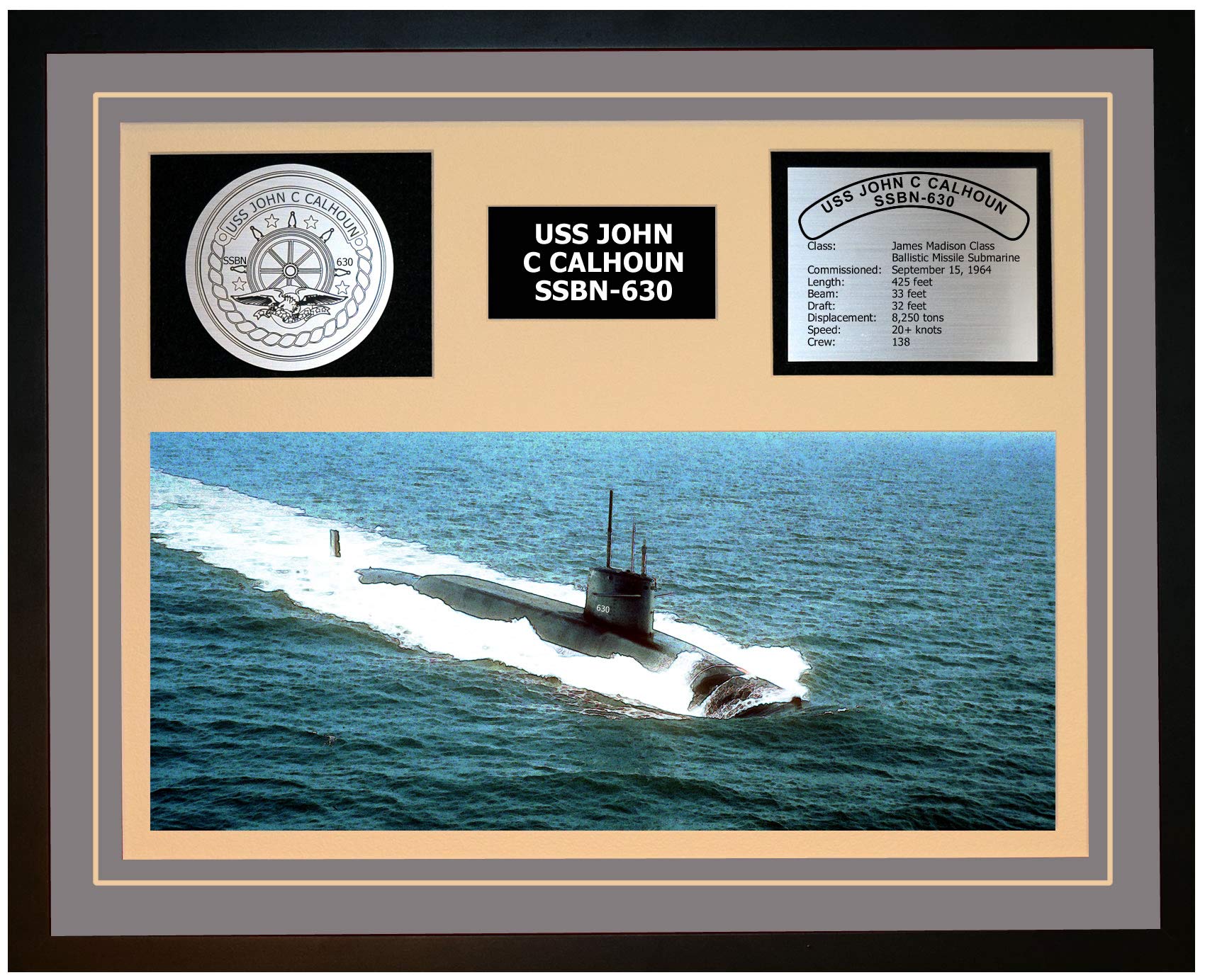 USS John C Calhoun SSBN 630 Navy Ship Model - Framed Grey Display for Military Collectors & Home Office Decor | Perfect for Navy Veterans & History Enthusiasts