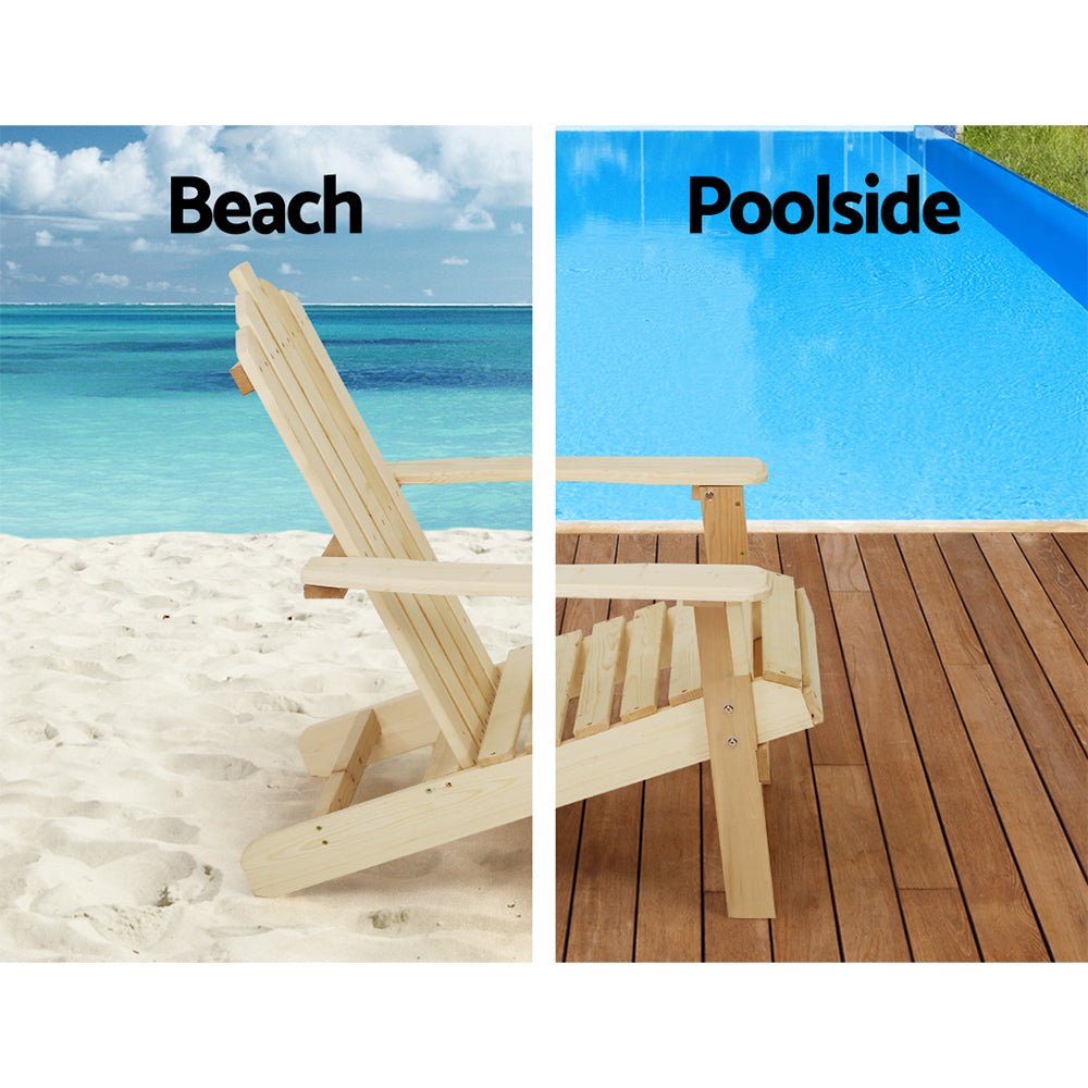 3PC Natural Wood Adirondack Outdoor Table and Chairs Set - Patio, Garden, Beach Furniture for Relaxing in Backyard or Seaside