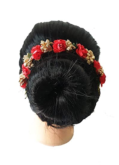 EPARTY-Juda Maker Hair Gajra Flower - Red Artificial Hair Accessory for Wedding Bun Hairstyles - Bridal Hair Jewelry for Women & Girls - Perfect for Indian Weddings, Festivals and Special Occasions